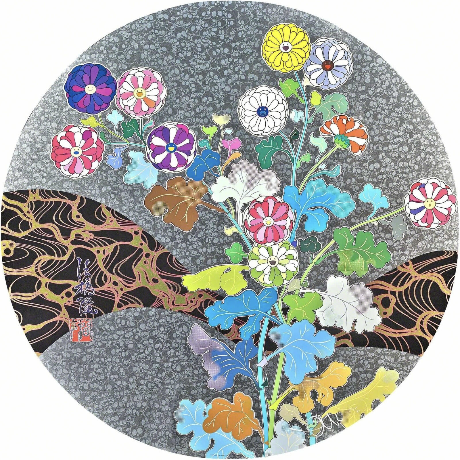 A circular painting of flowers in a vase on a gray background.