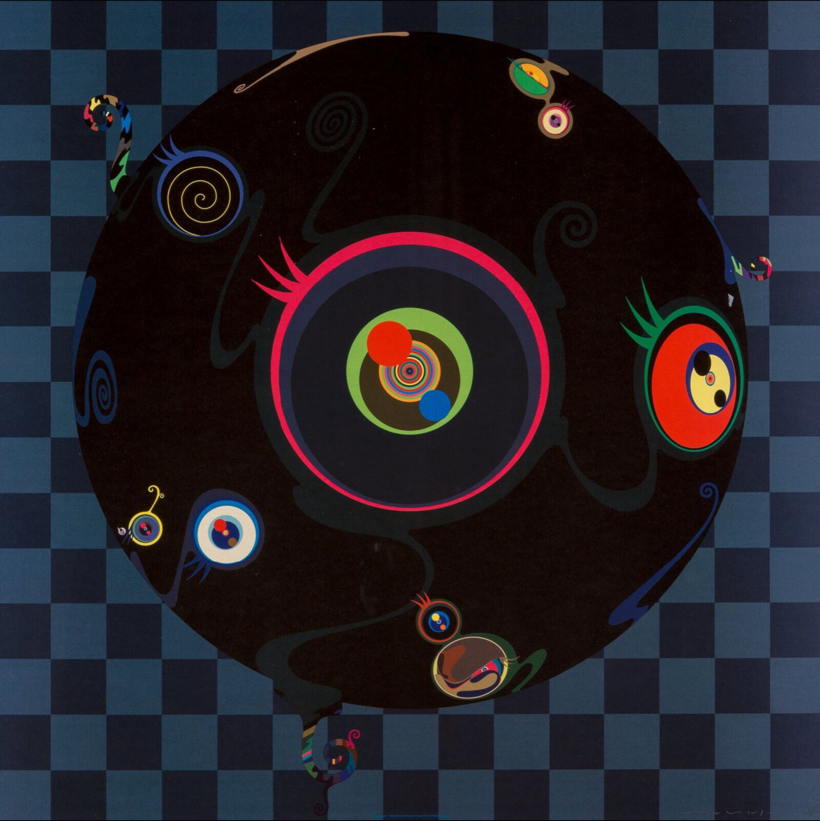 A black circle with colorful circles on a checkered background.