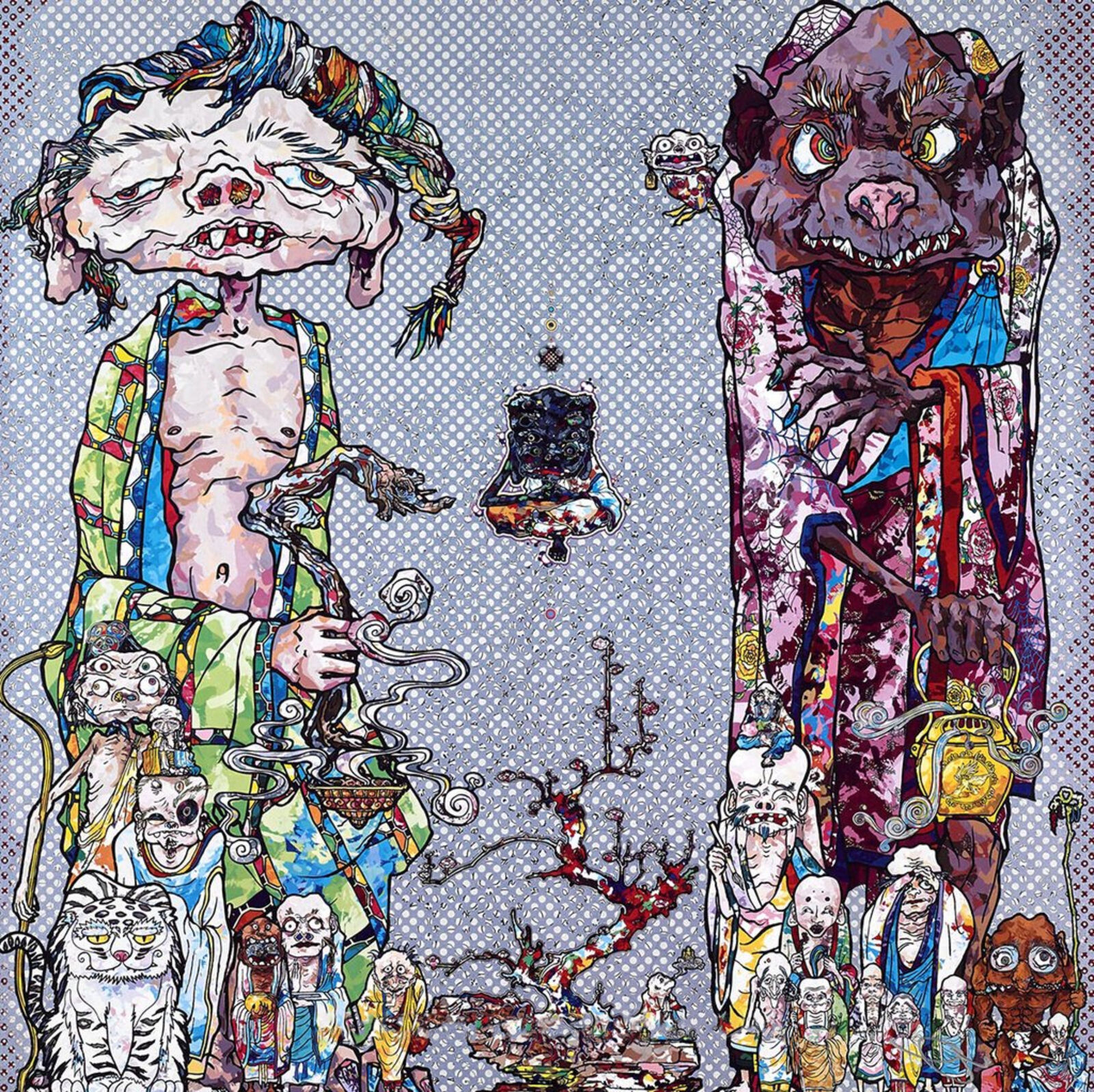 A drawing of a woman in a kimono surrounded by monsters.