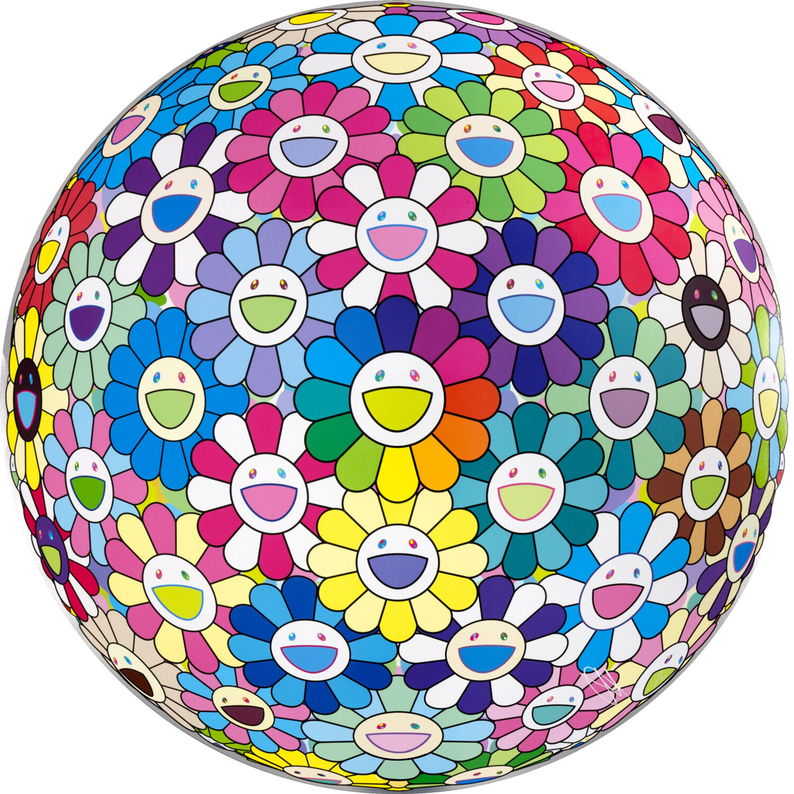 A colorful flower ball with smiley faces on it. 