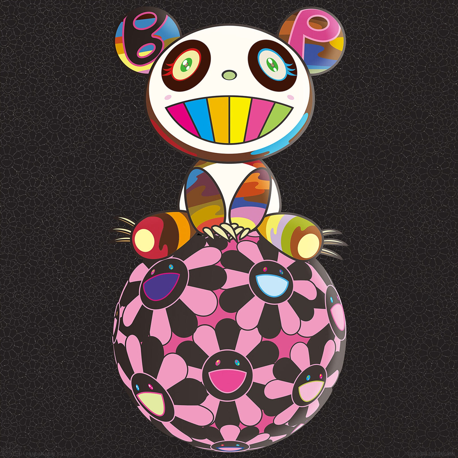 A cartoon panda sitting on top of a pink and black ball.