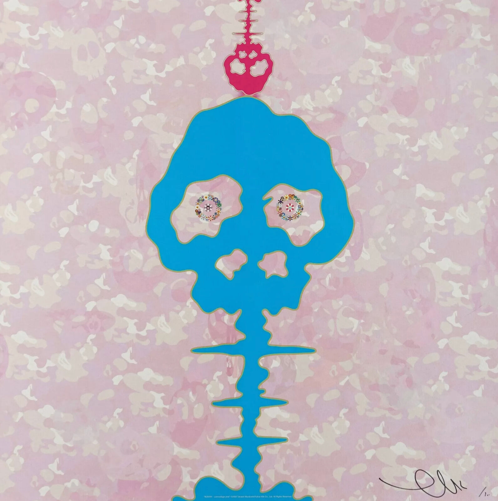 A blue and pink painting of a skull on a pink background.