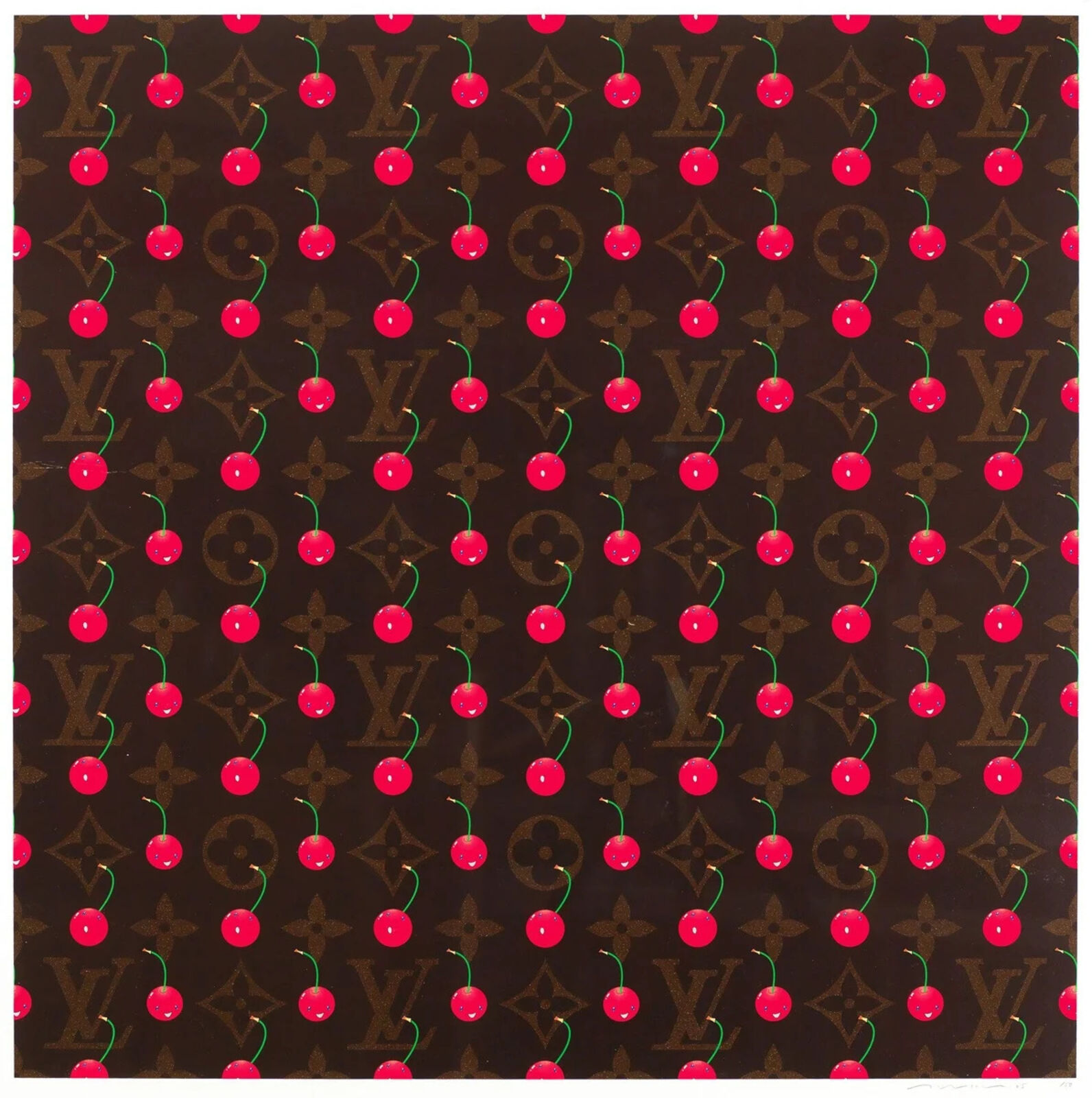 A pattern of cherries on a brown background. 