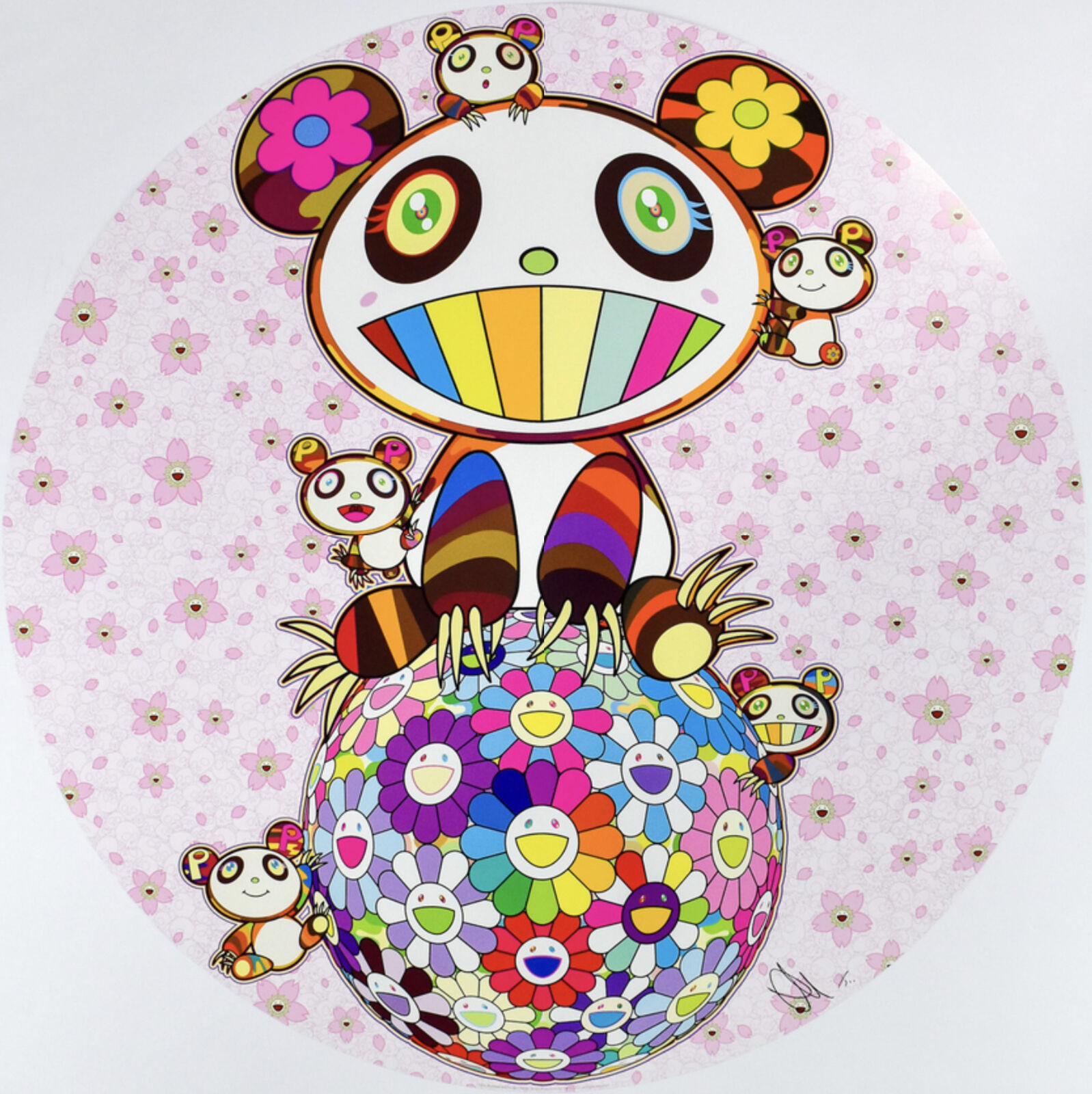 A painting of a panda bear sitting on top of a flower ball.