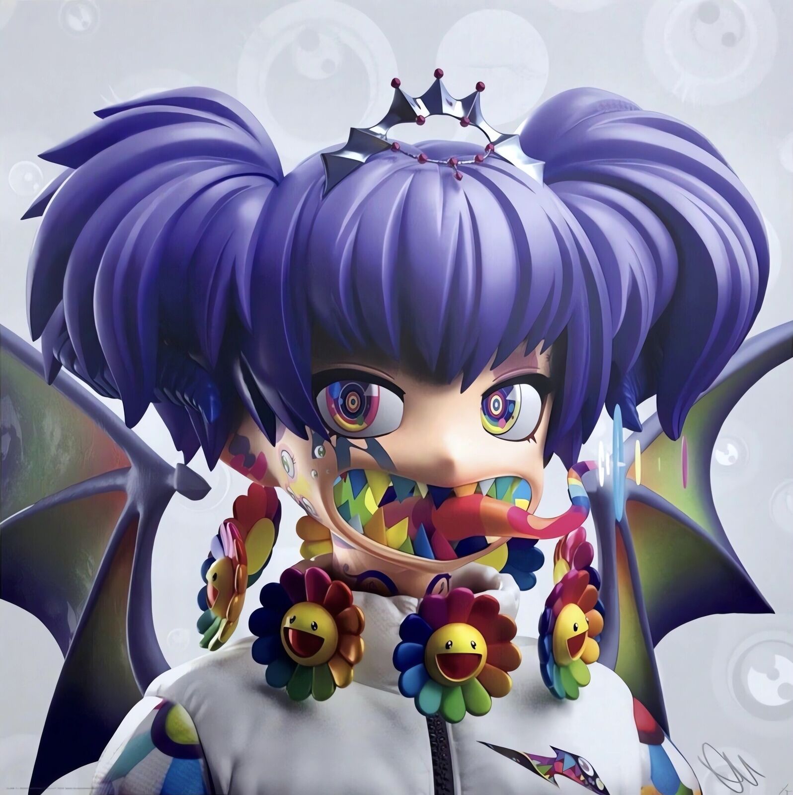 A girl with purple hair and a crown on her head.