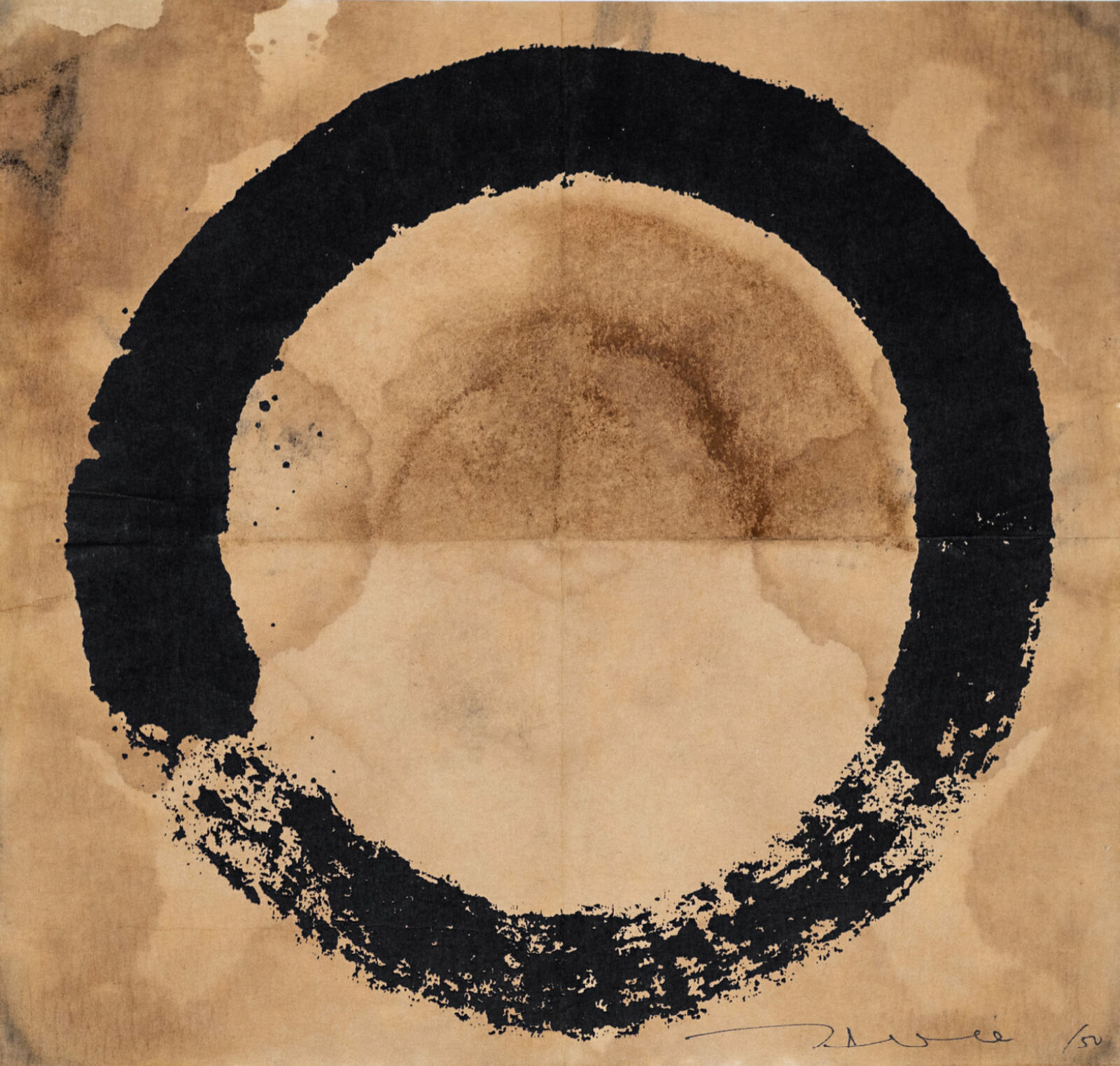 A black and white painting of a circle on a piece of paper.