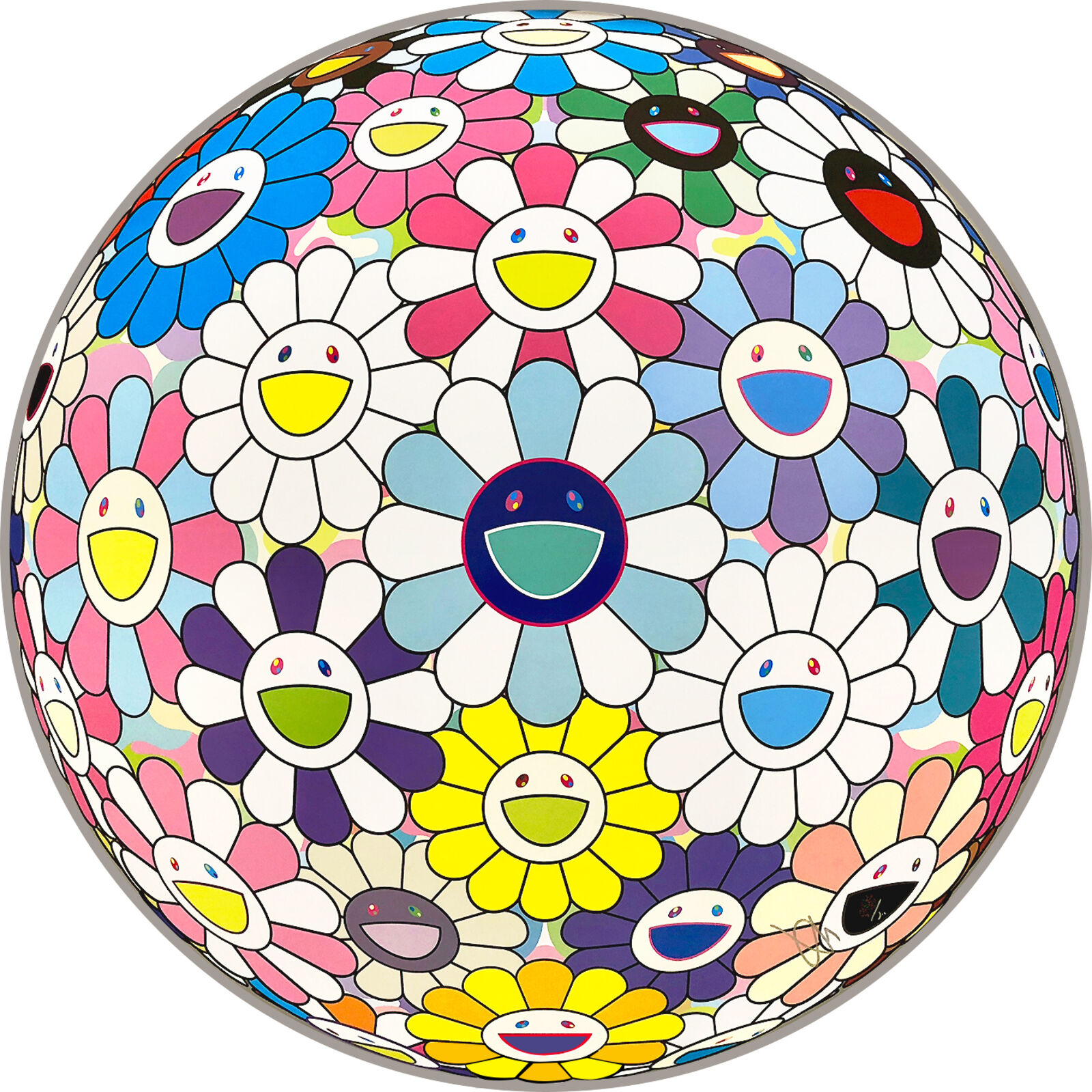 A colorful flower ball with smiley faces on it.