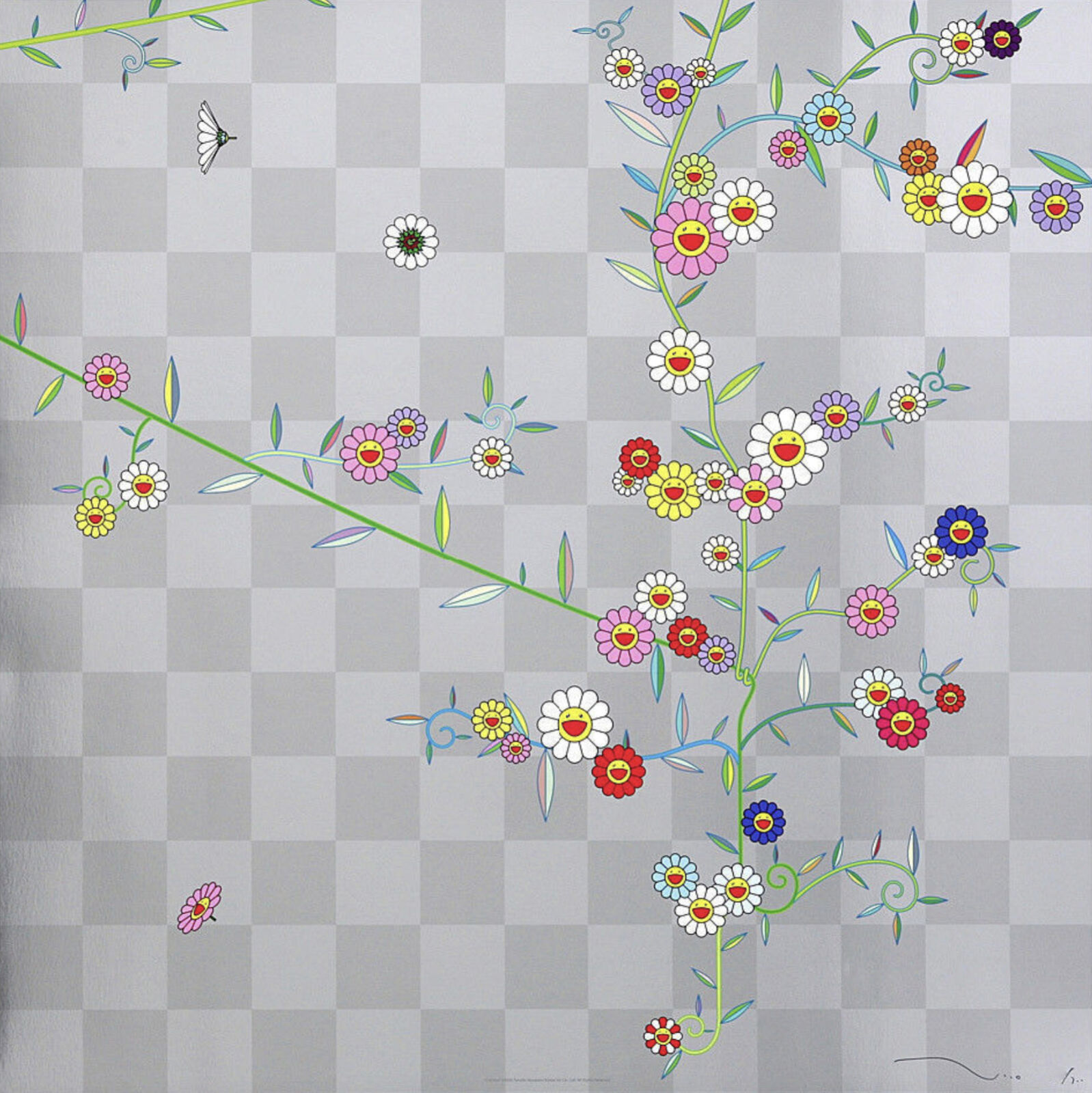 A painting of flowers on a checkered background. 
