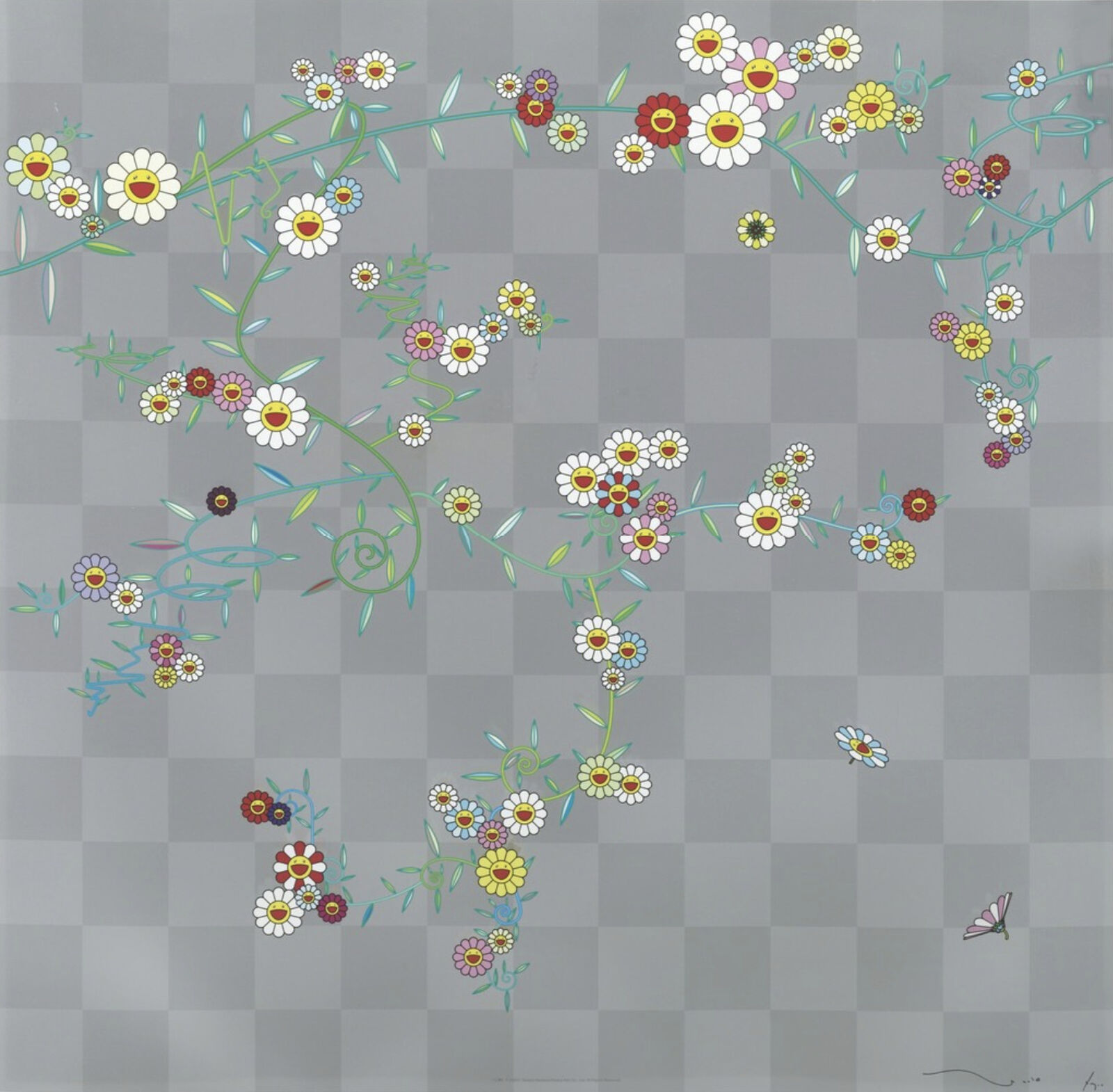 A drawing of a bunch of flowers on a gray background.