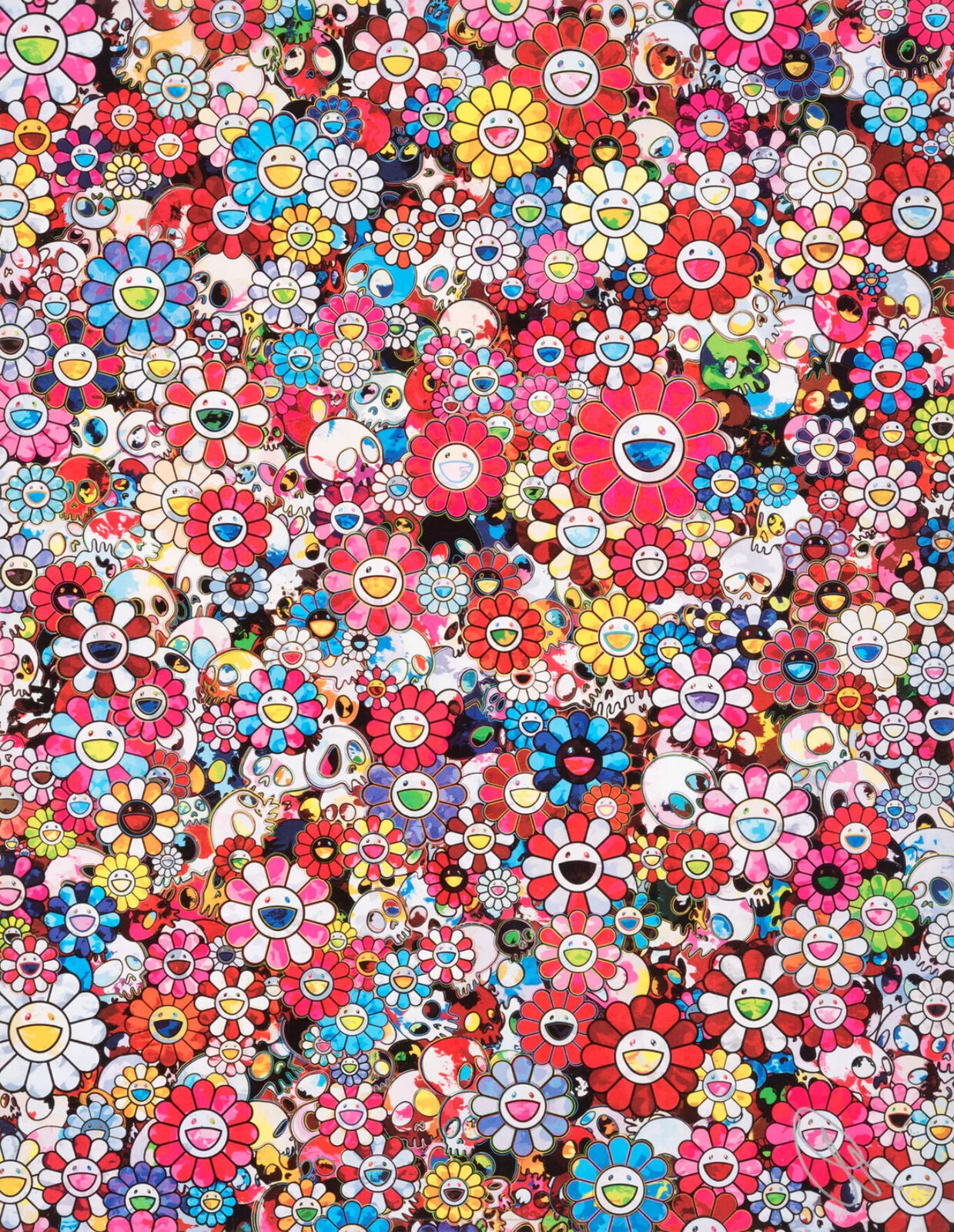 A large group of colorful flowers on a black background.