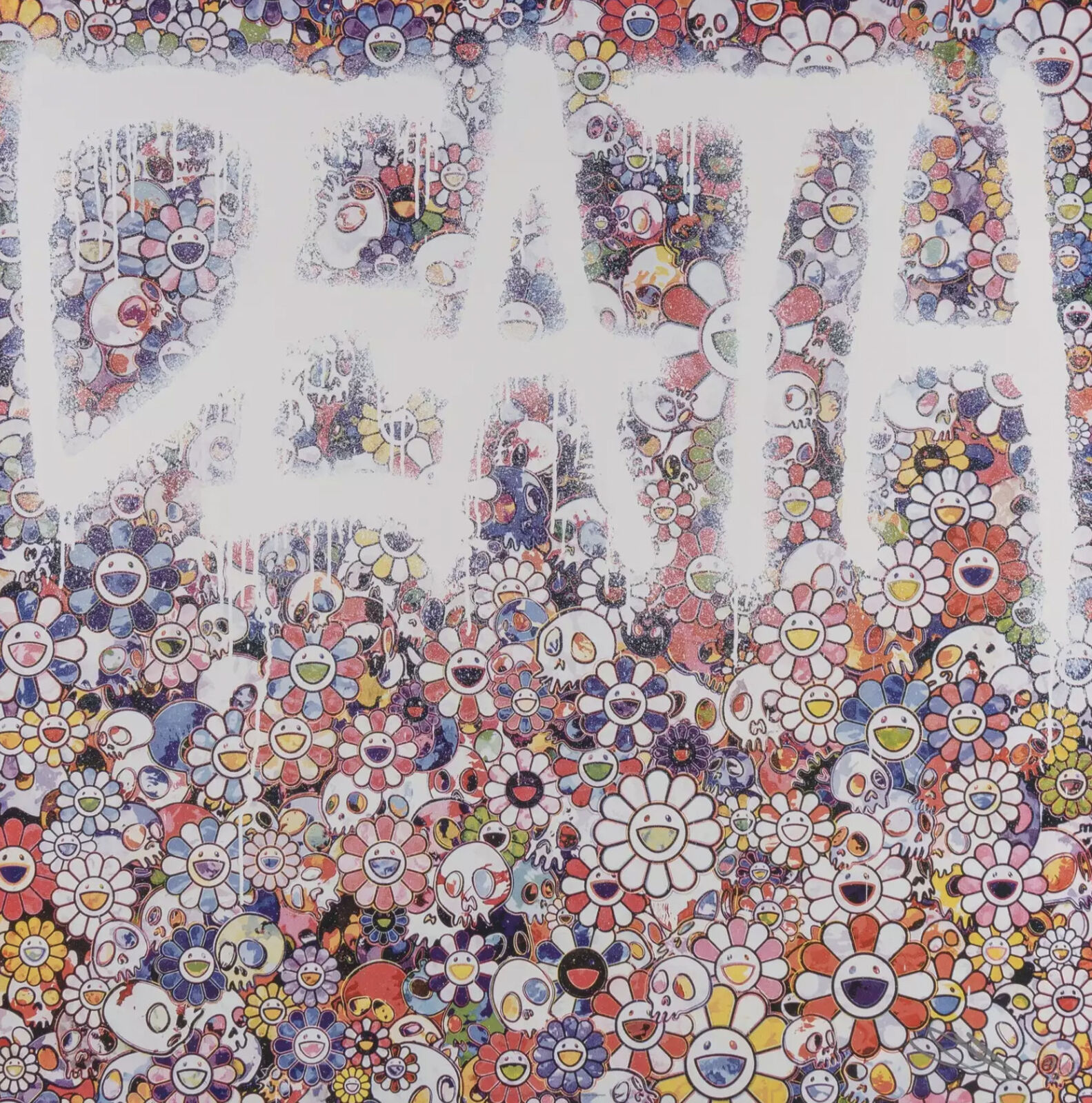 A painting of a bunch of flowers with the word "eat" written on it.