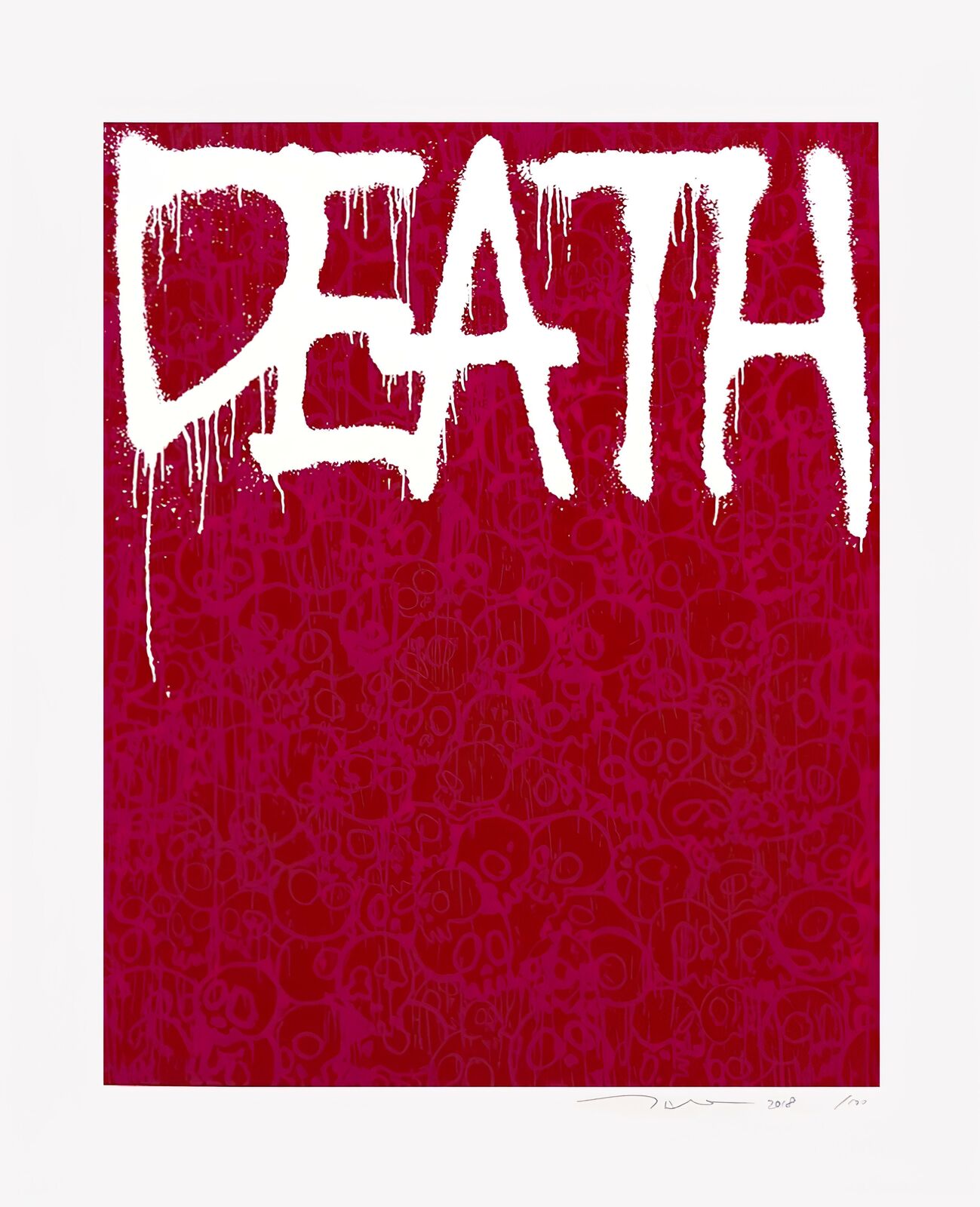 A red poster with the word death written on it.