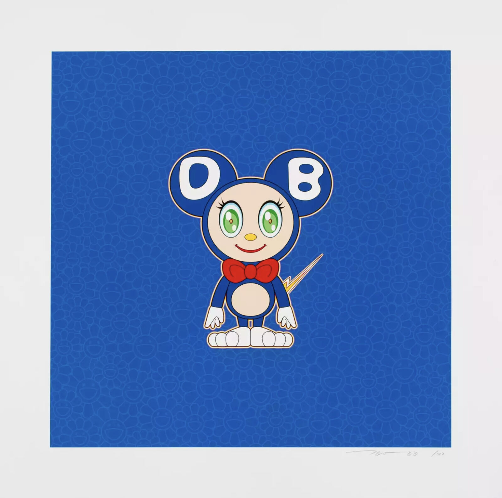 A blue and white illustration of a cartoon character with a bow tie.