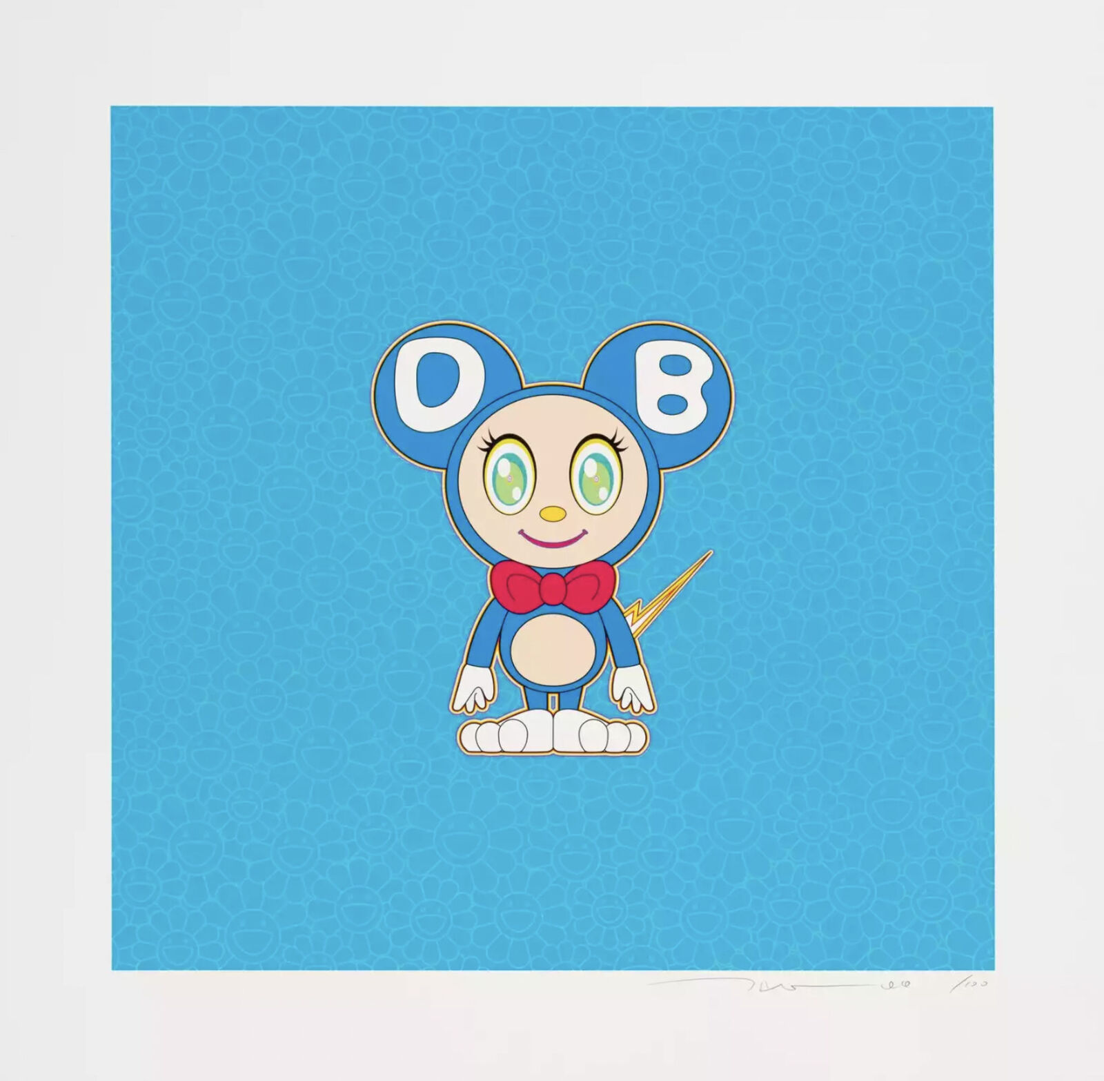 A blue and white illustration of a cartoon character with a bow tie.