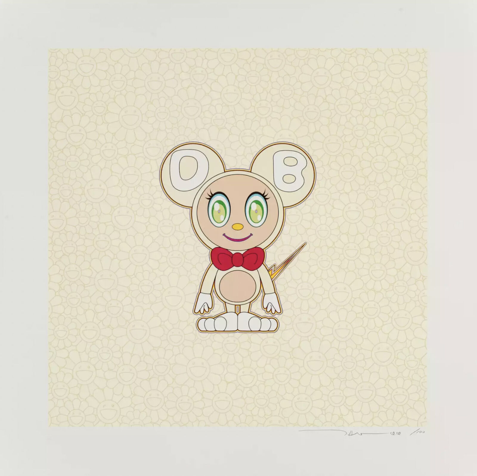 A drawing of a cartoon mouse with a bow tie.