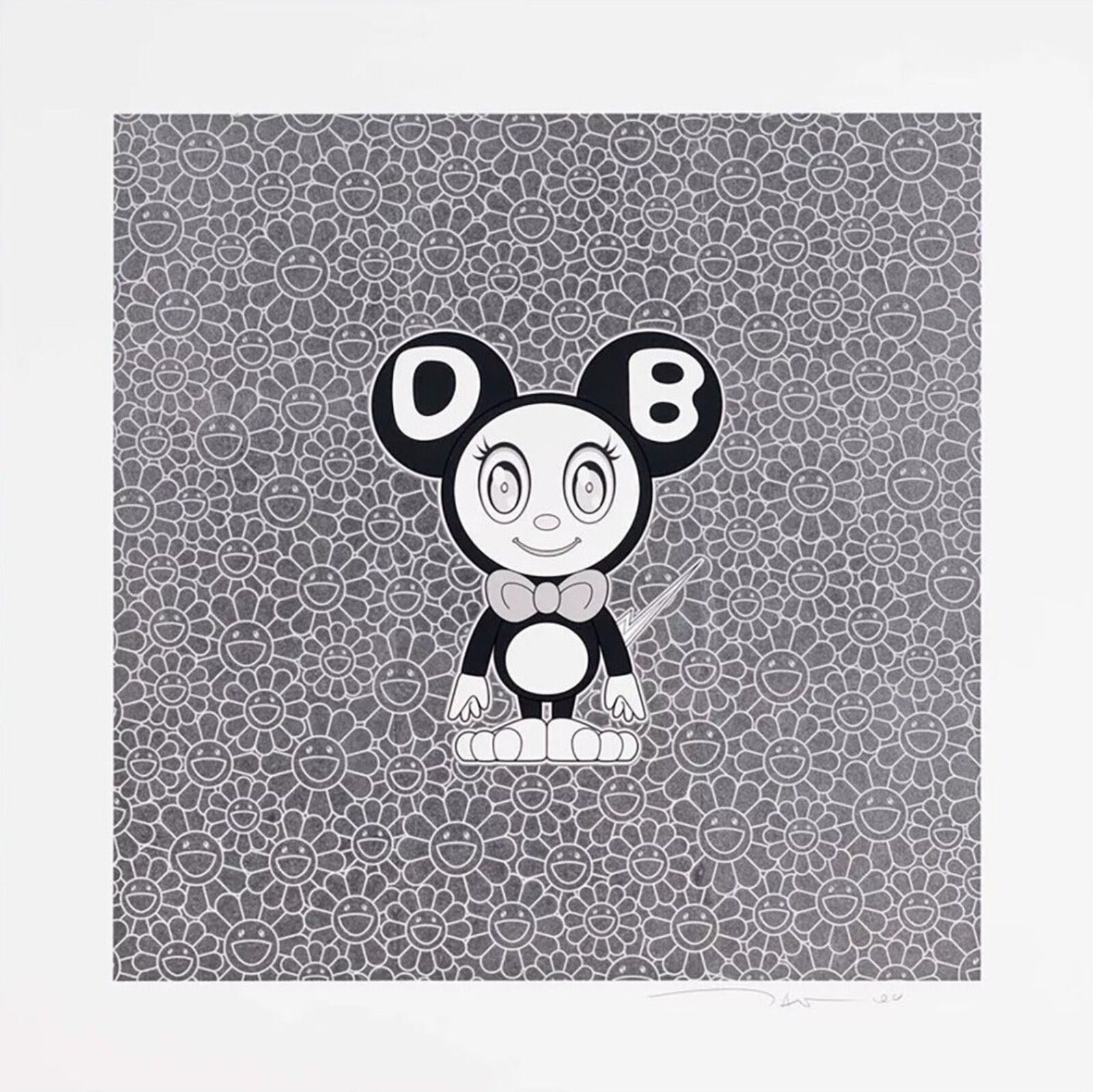 A black and white drawing of a cartoon character with a bow tie.