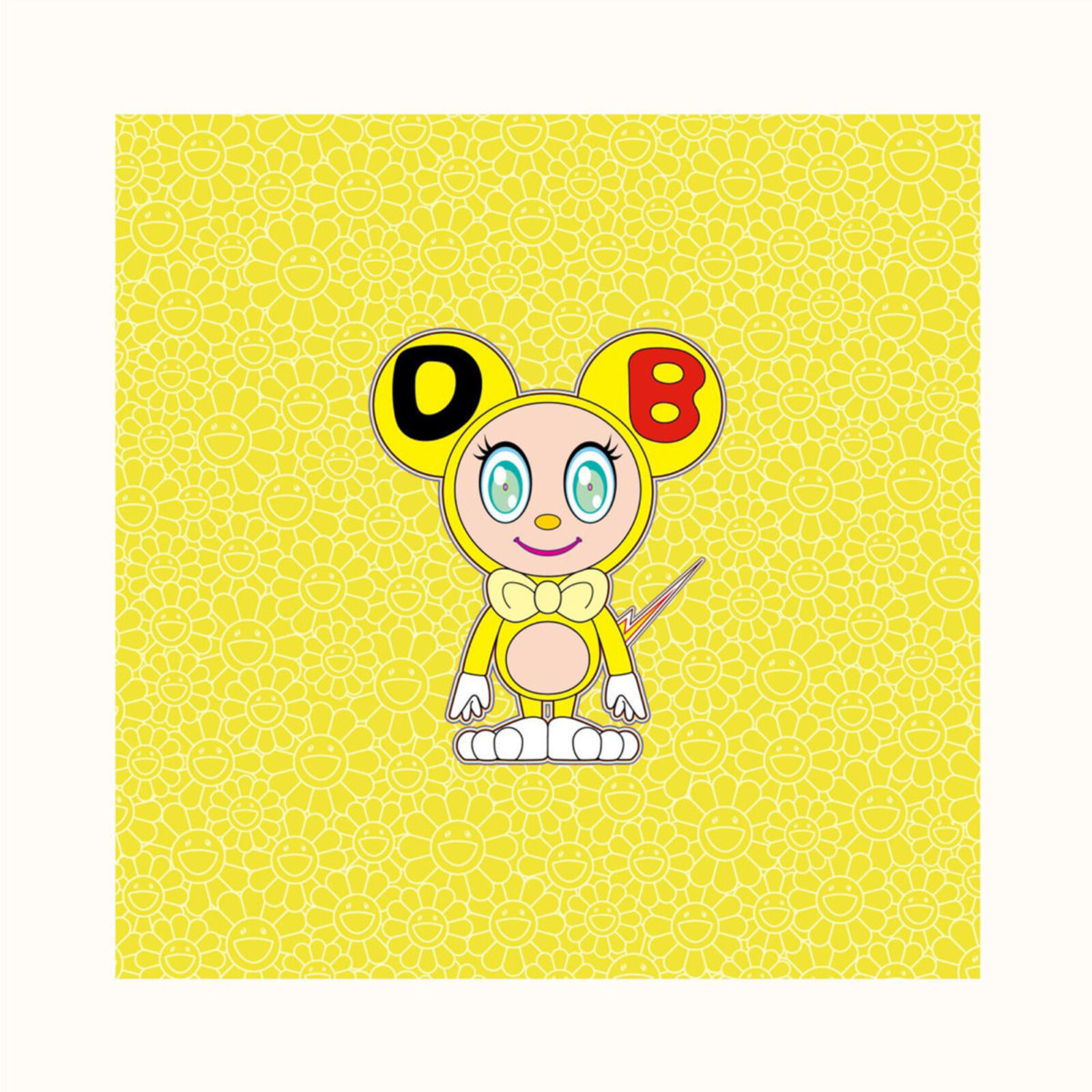 A cartoon mouse with a bow tie on a yellow background.