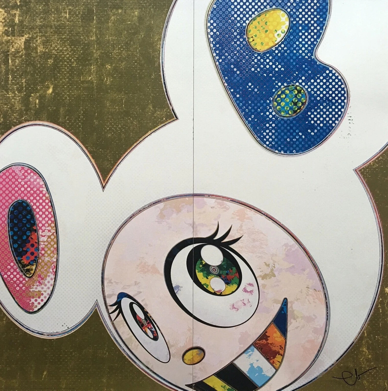 A painting of a white rabbit with a big smile on its face.