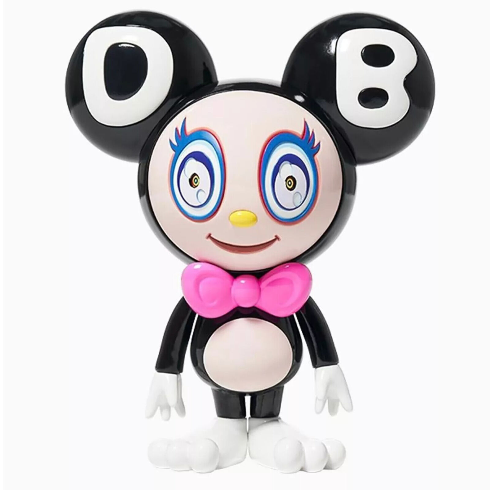 A toy figure of a mickey mouse with a pink bow tie.