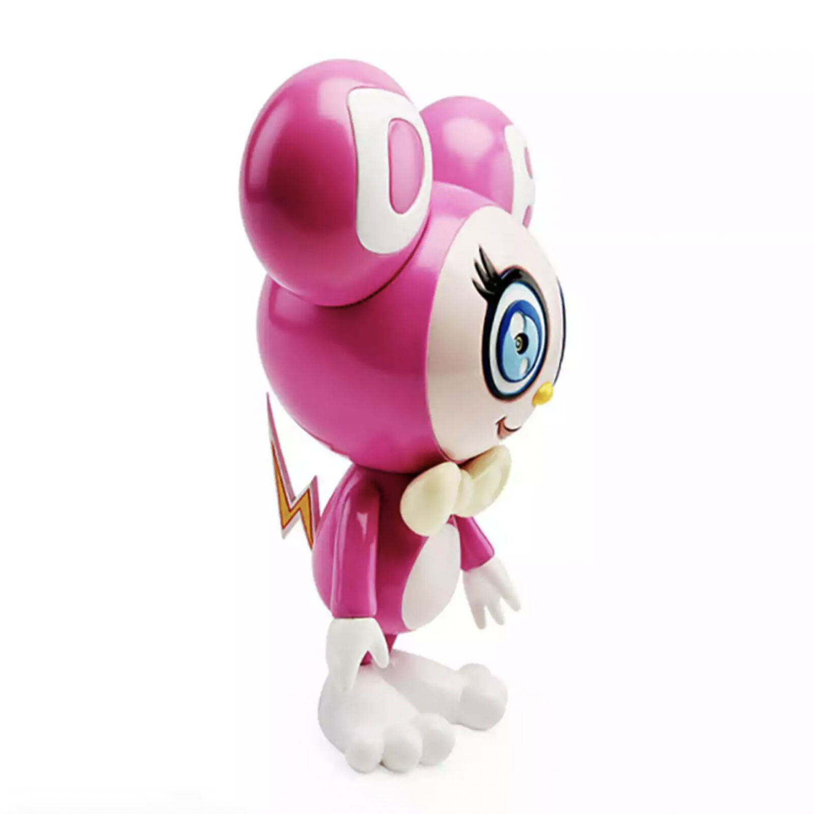 A pink and white toy with a bow tie on it's head.