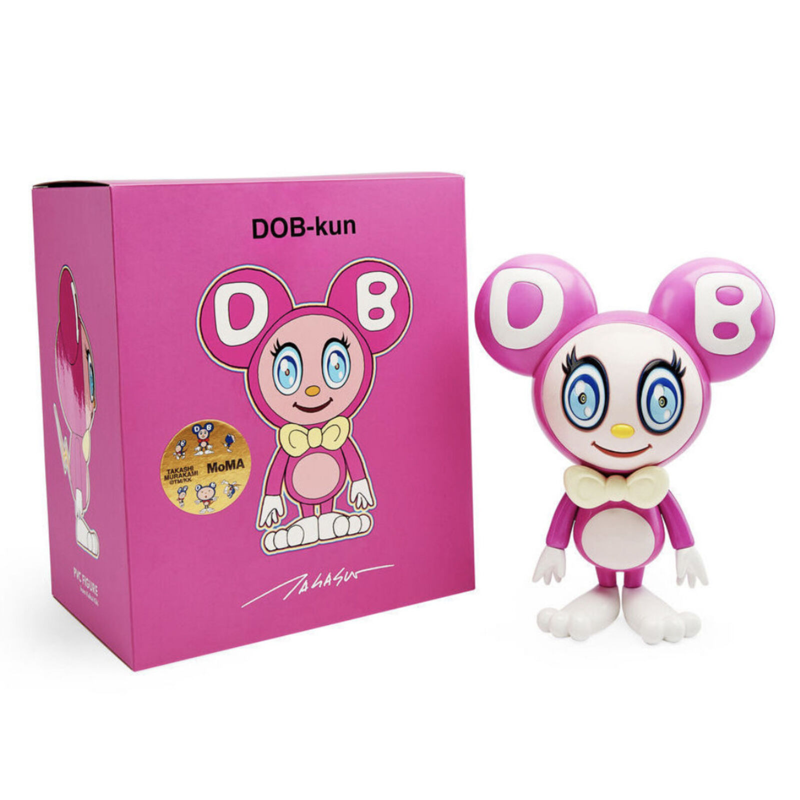 A pink and white toy with a bow tie on it's head.