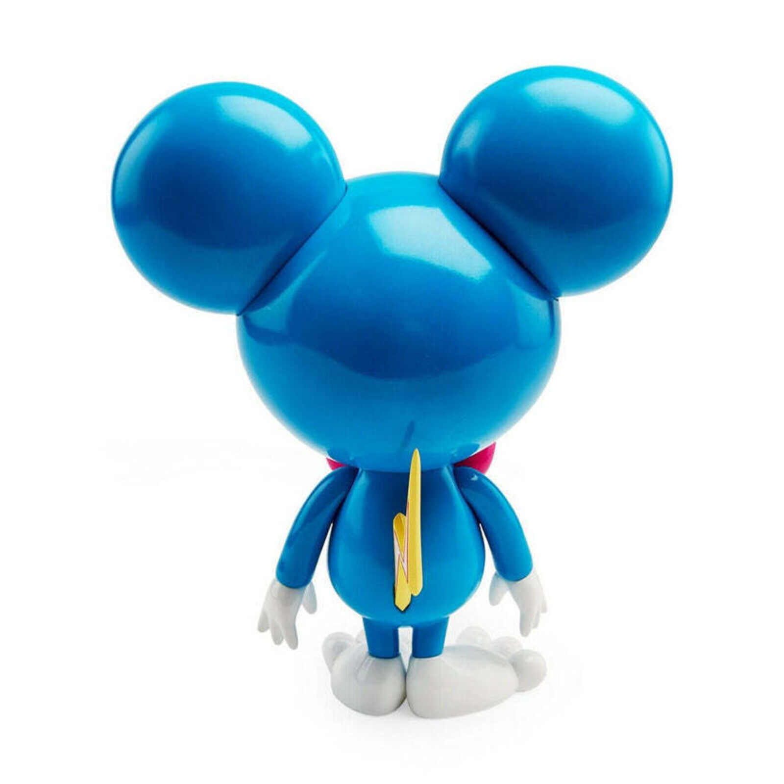 A blue and white toy with a pink bow tie.