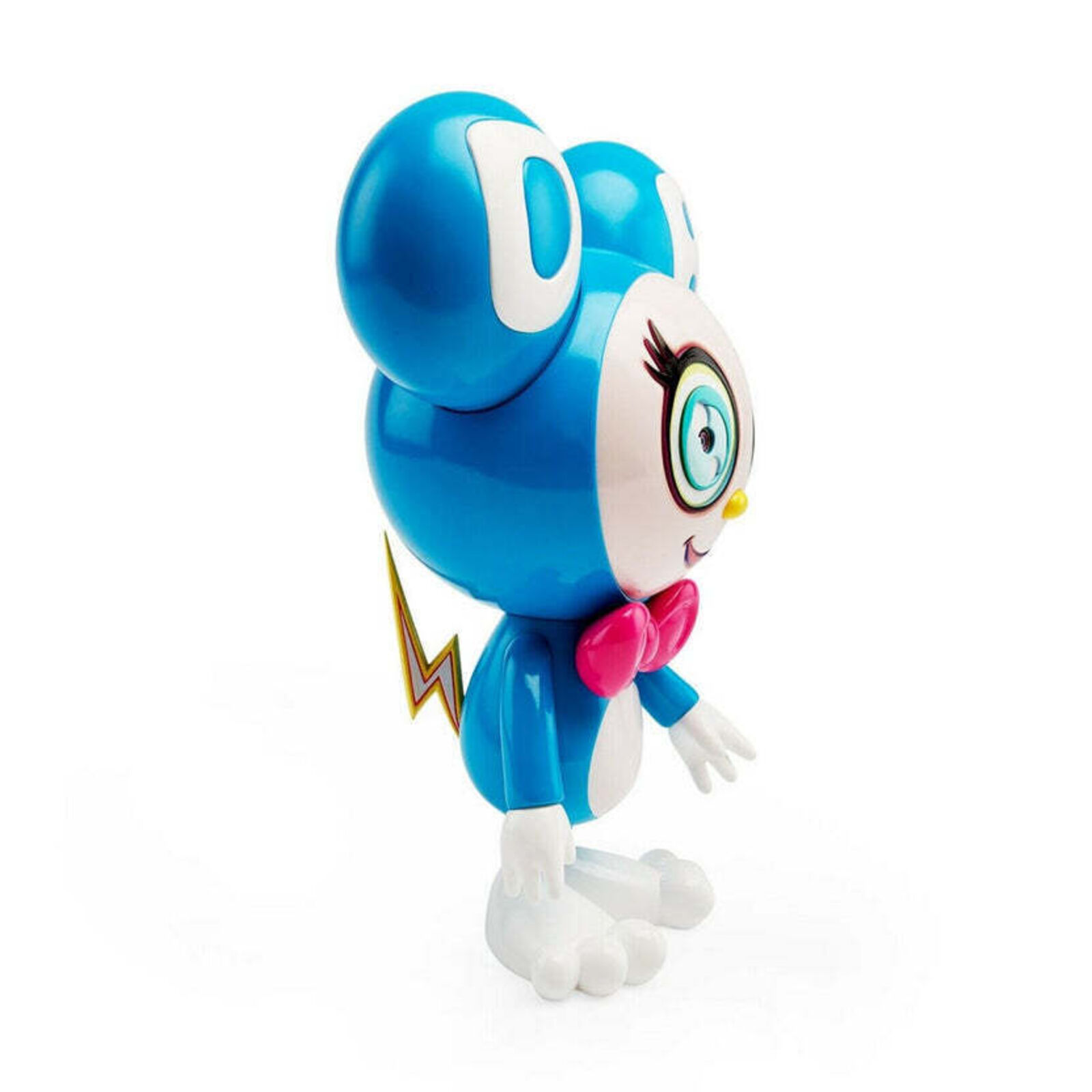 A blue and white toy with a pink bow tie.