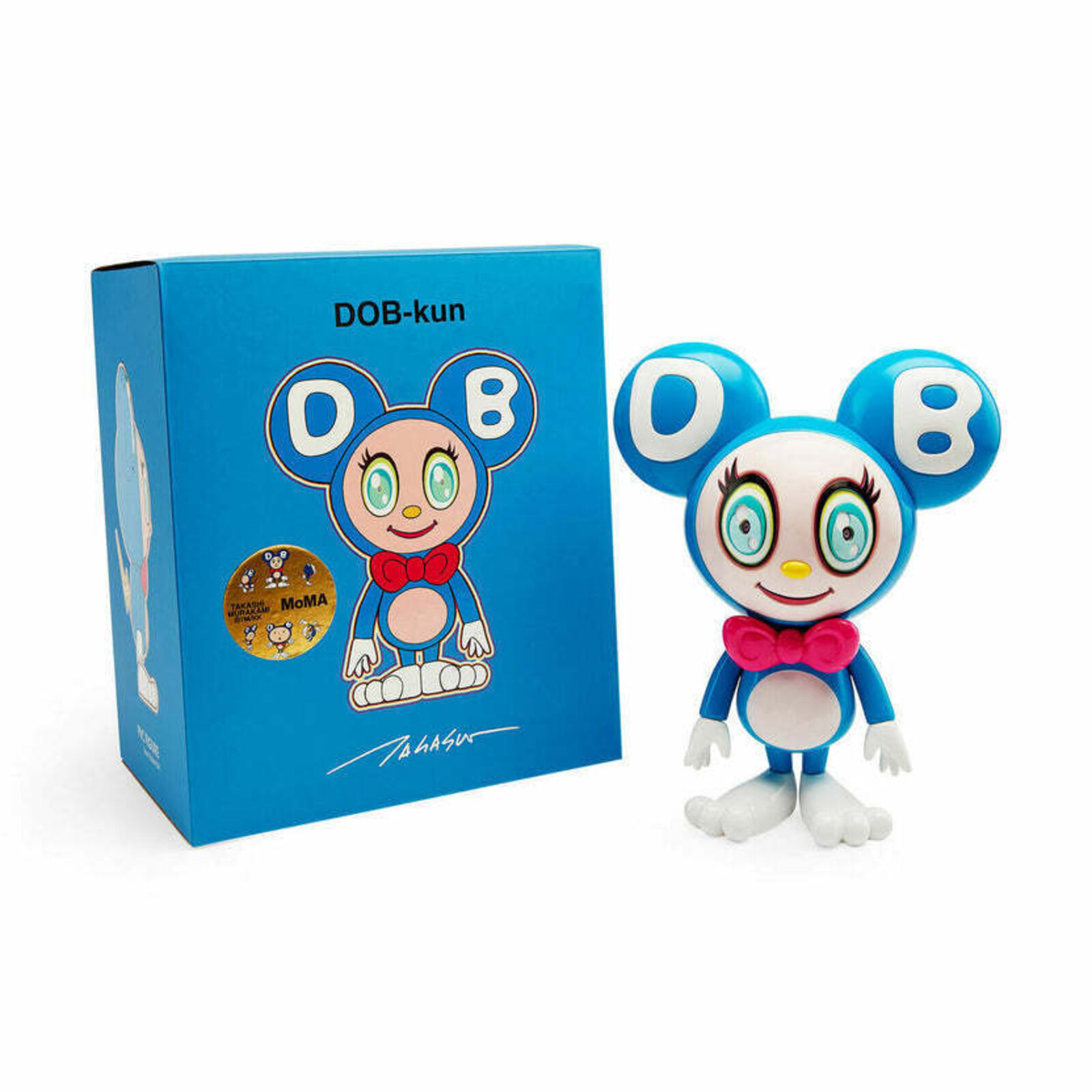 A blue and white toy with a pink bow tie.