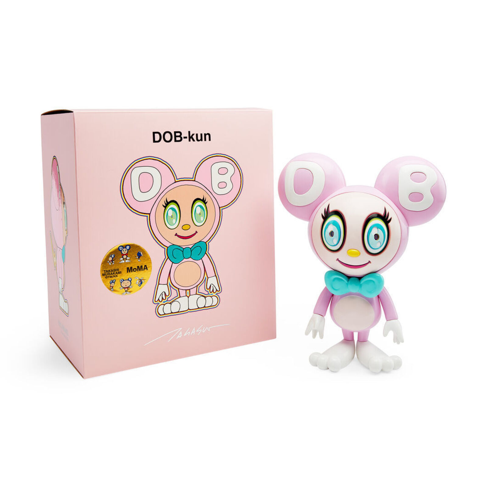 A pink toy with a blue bow tie on it's head.