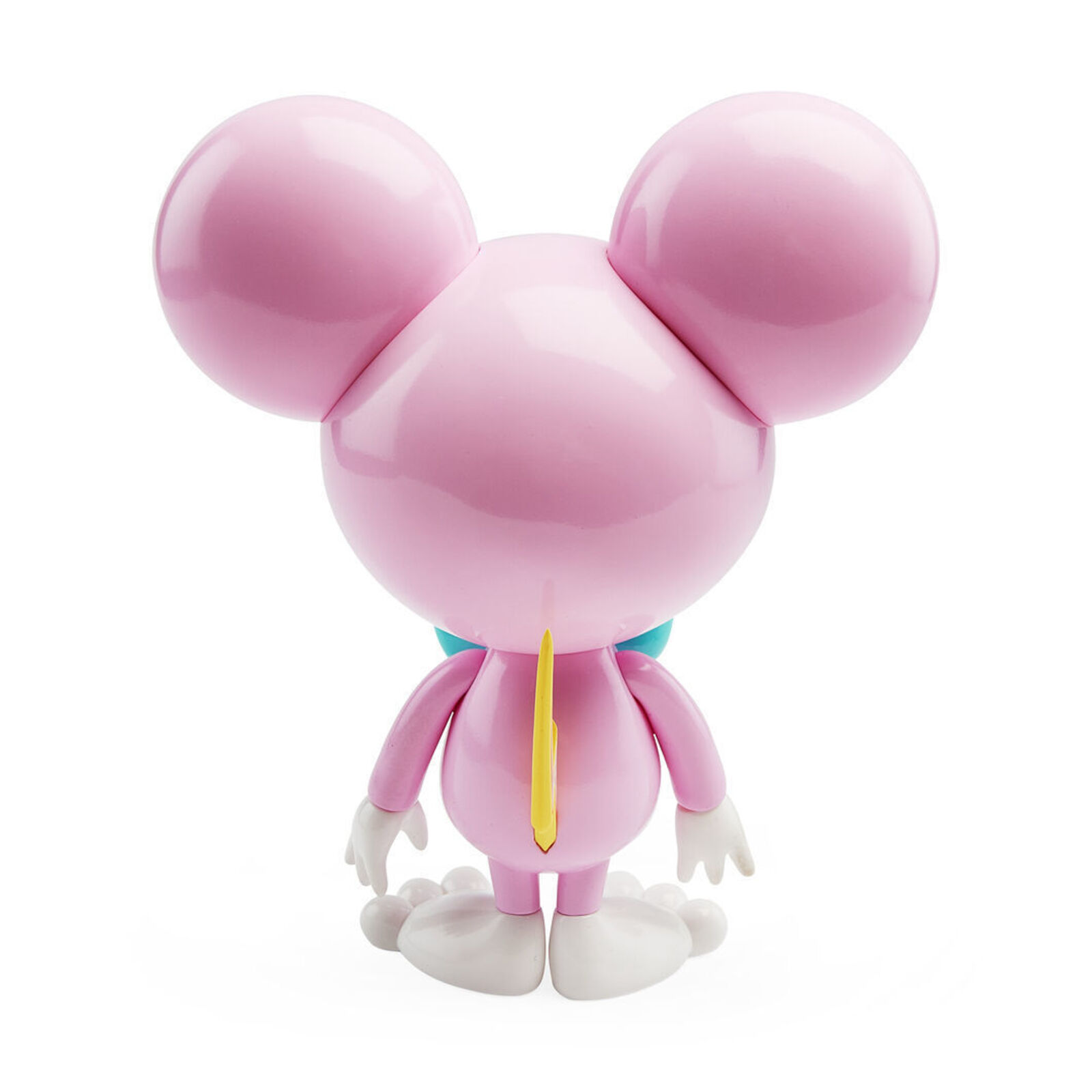 A pink toy with a blue bow tie on it's head.