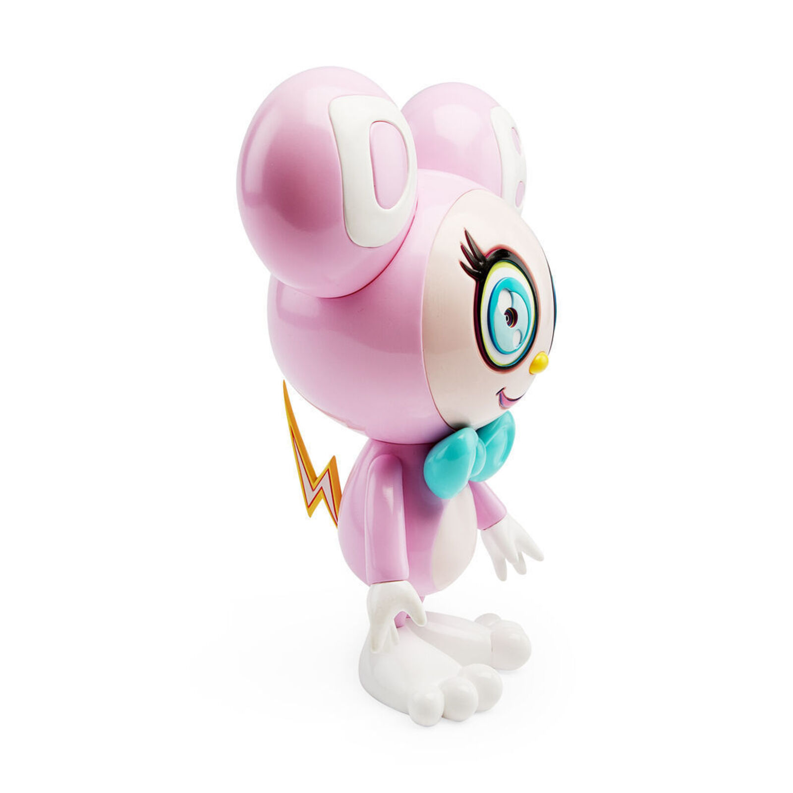 A pink toy with a blue bow tie on it's head.