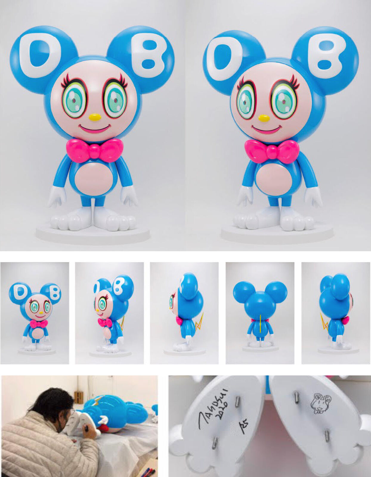 A collage of photos of a blue and white toy with a pink bow tie.