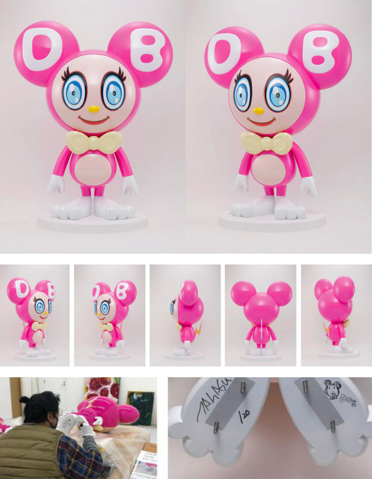 A collage of photos of a pink mouse with a number 8 on it.