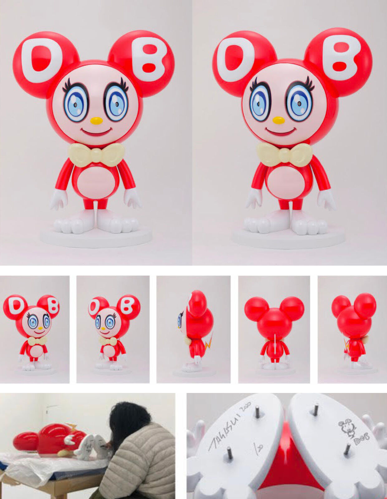 A series of pictures of a red and white toy with a number 8 on it.