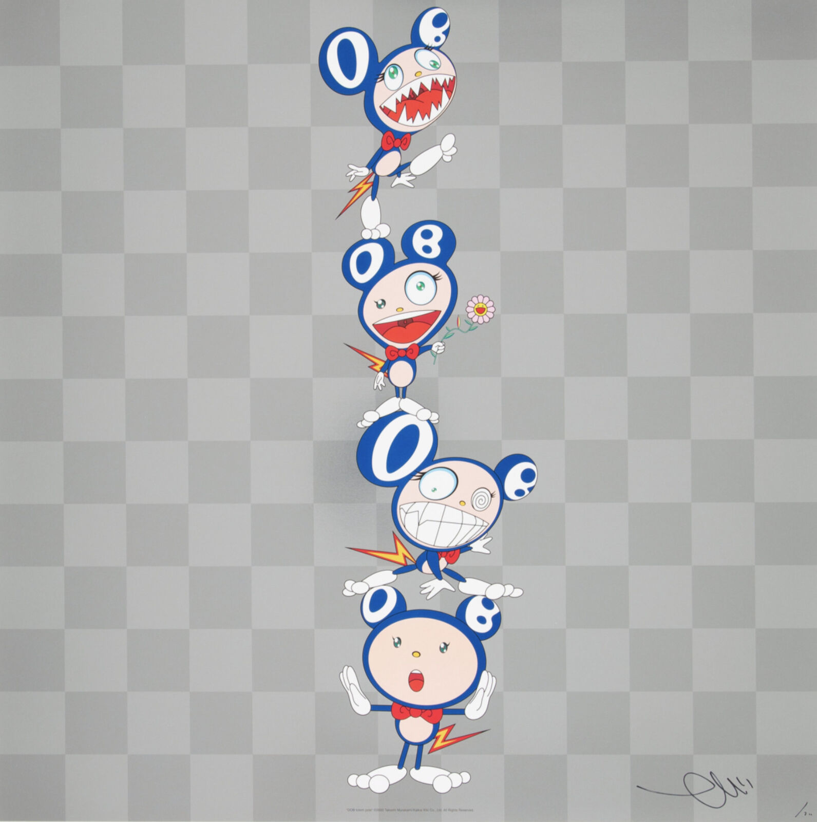 A group of cartoon characters standing on top of each other.