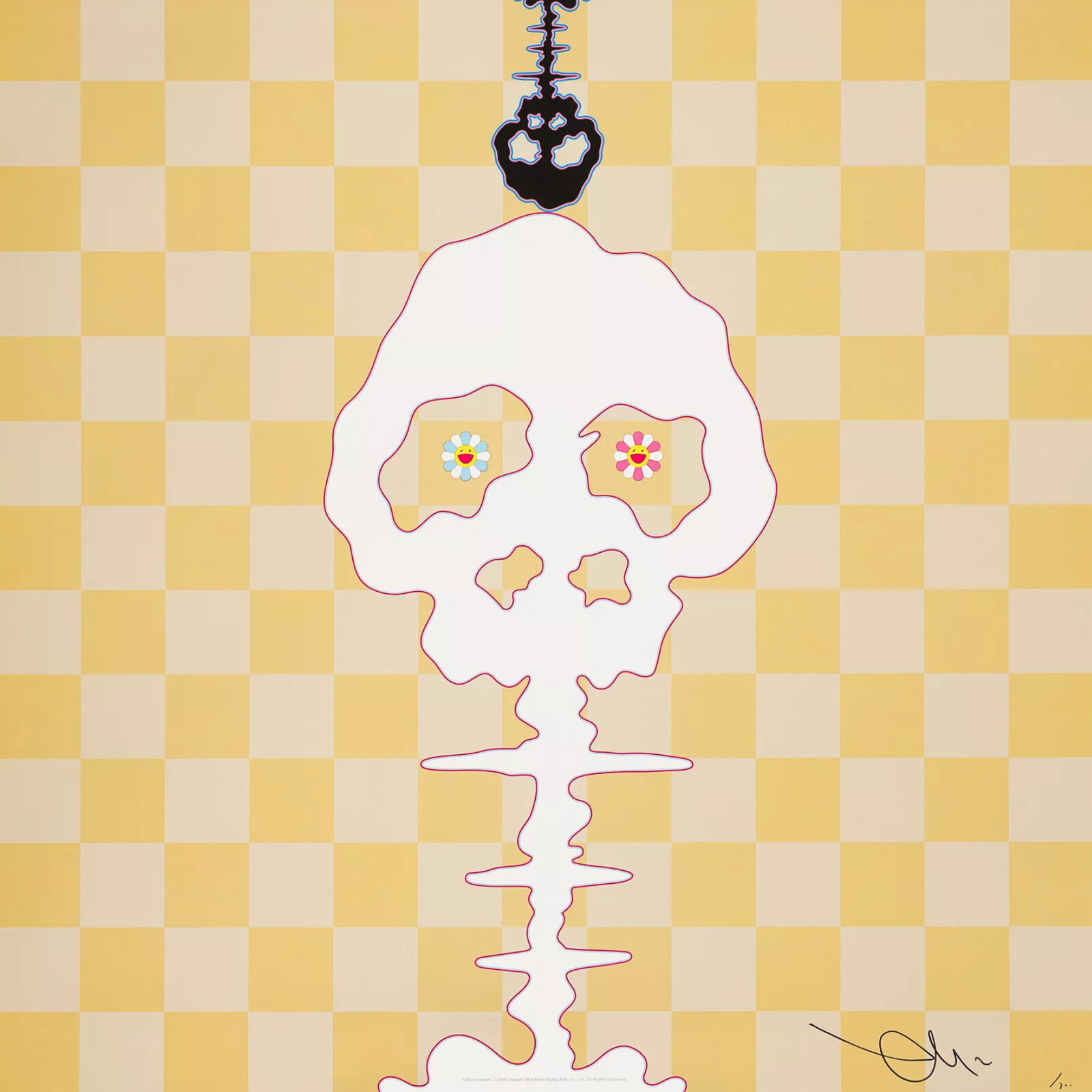 A painting of a skull on a yellow and white checkered background.