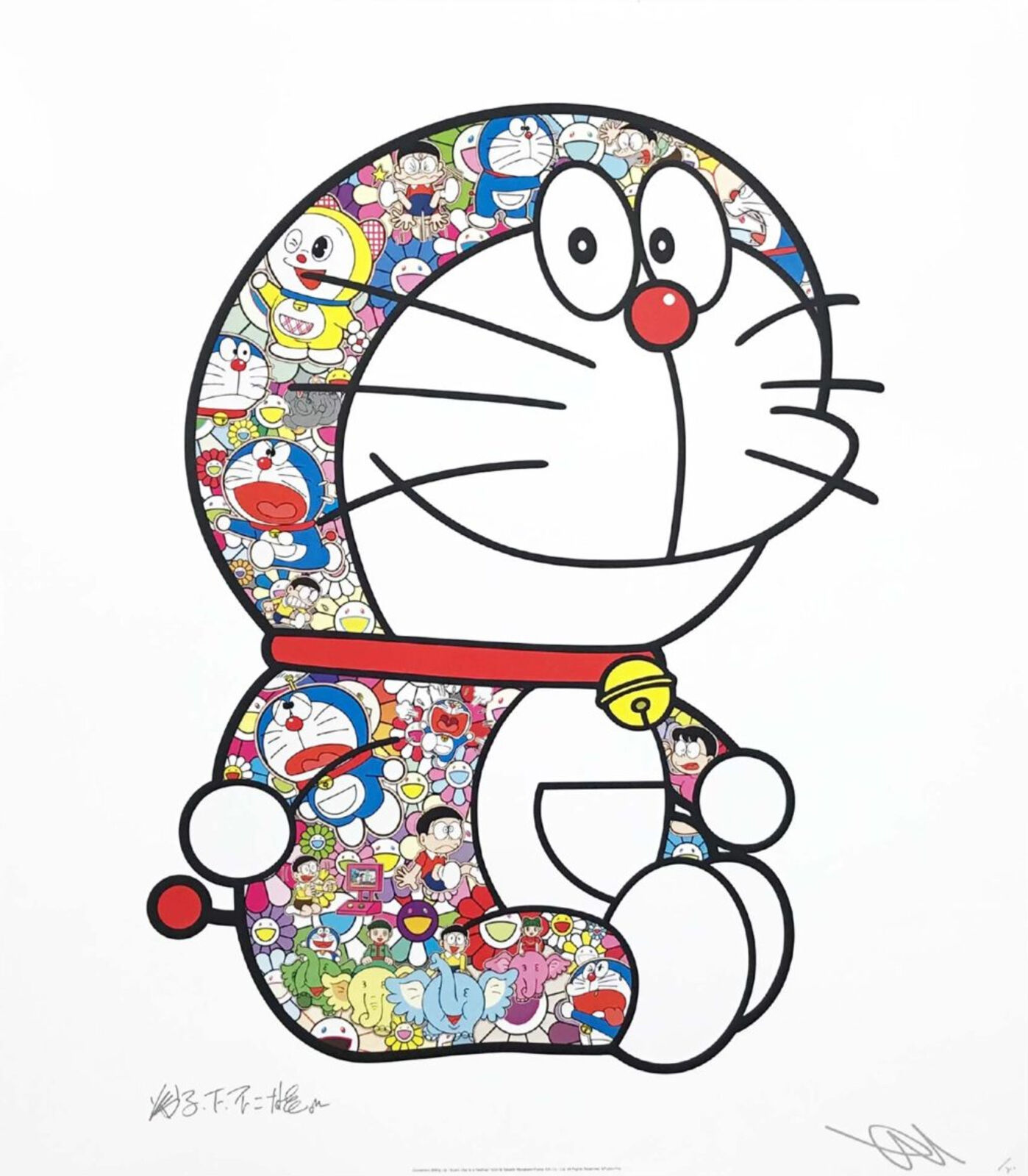 A drawing of a doraemon sitting in front of a circle of cartoon characters.