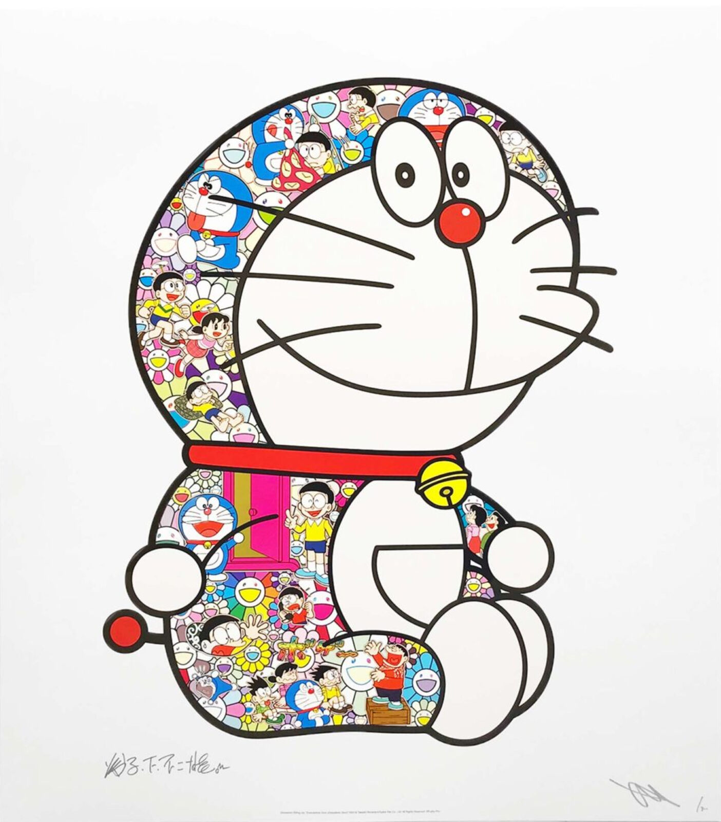 A drawing of a doraemon sitting in front of a circle of cartoon characters.