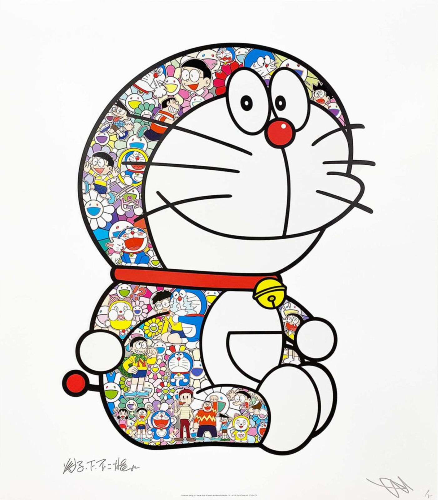 A drawing of a doraemon sitting in front of a circle of cartoon characters.