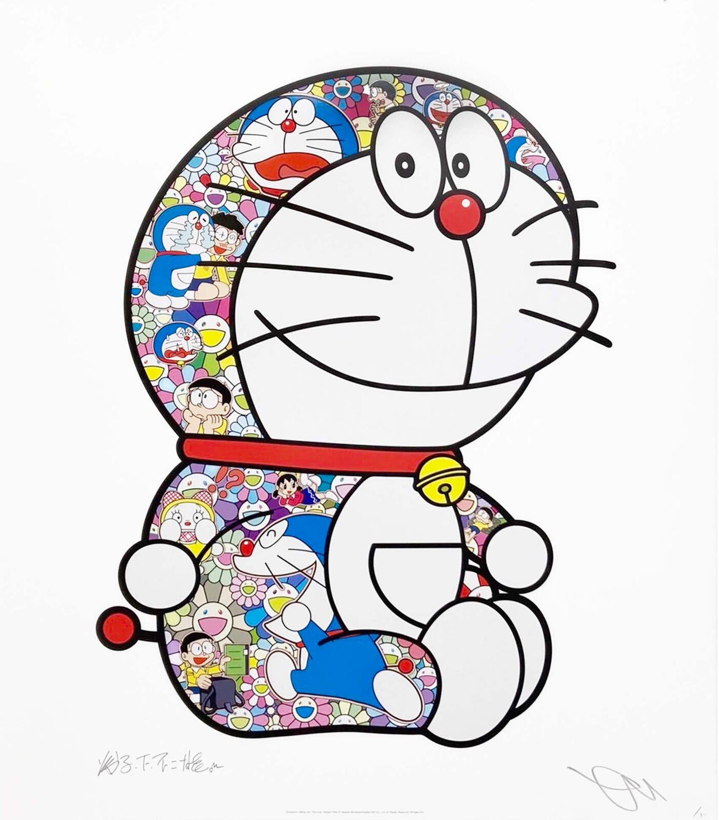 A drawing of a doraemon sitting in front of a circle of cartoon characters.