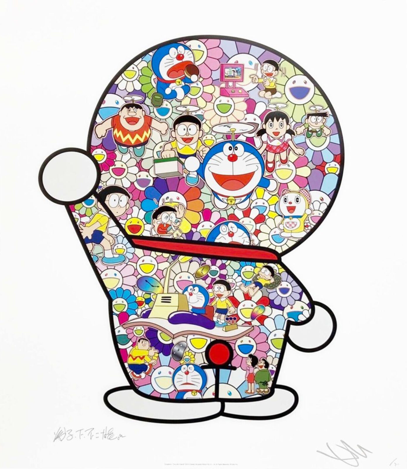 A drawing of a doraemon with many different characters on it.