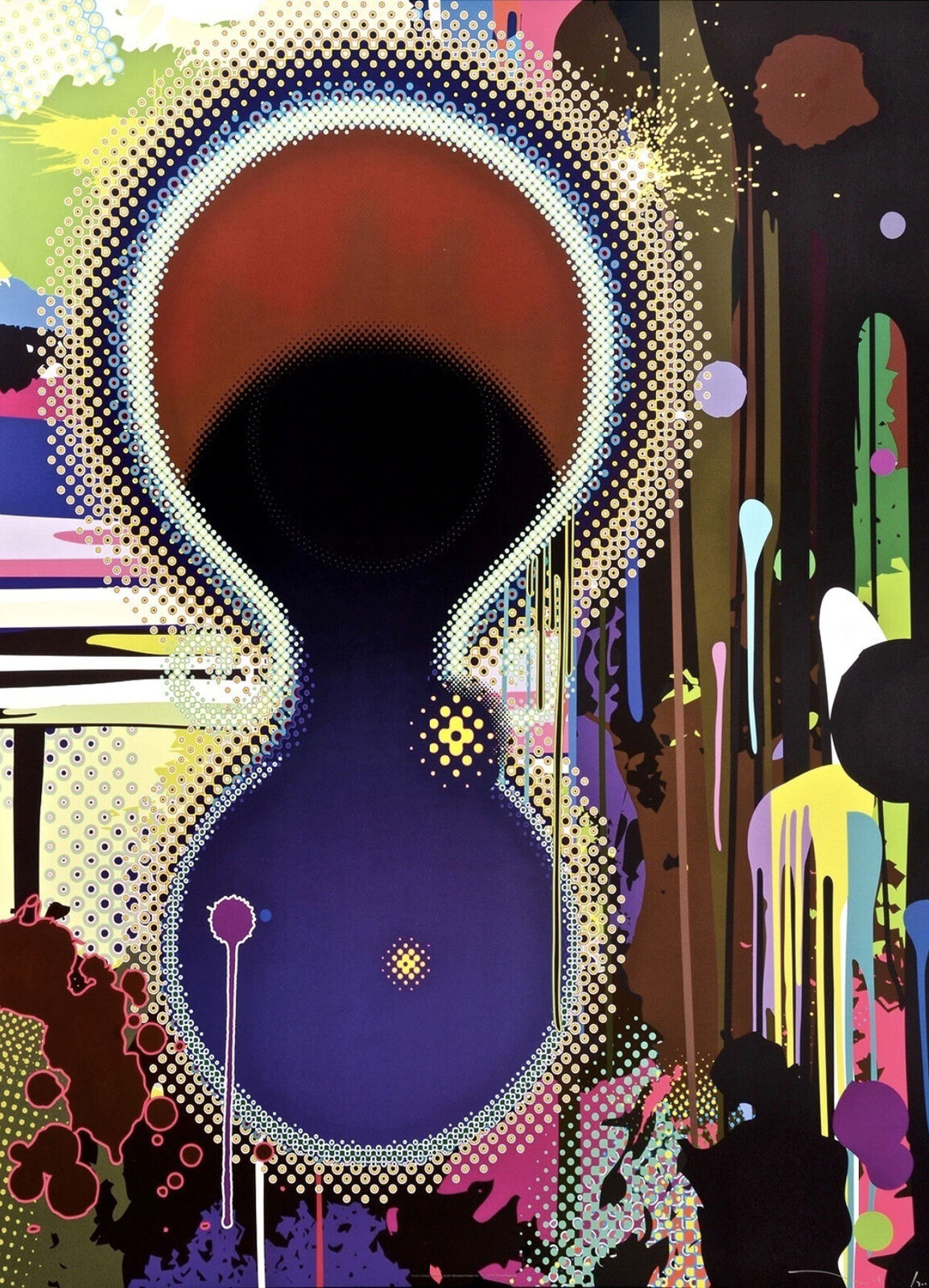 A painting of a keyhole in the middle of a colorful background.