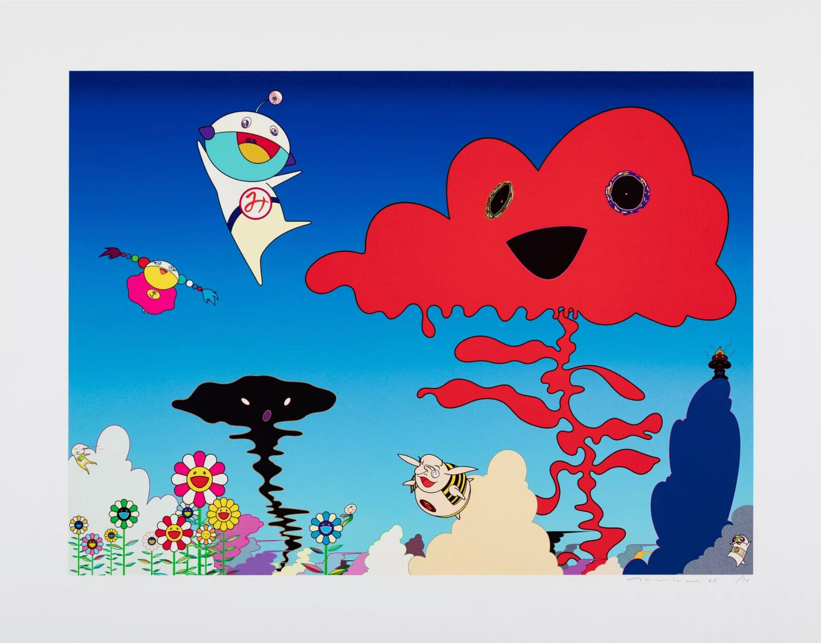 A painting of a red cloud with a cartoon character flying in the sky.