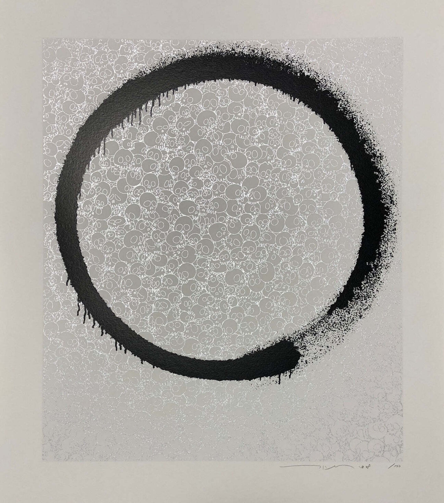 A black and white drawing of a circle on a white background.