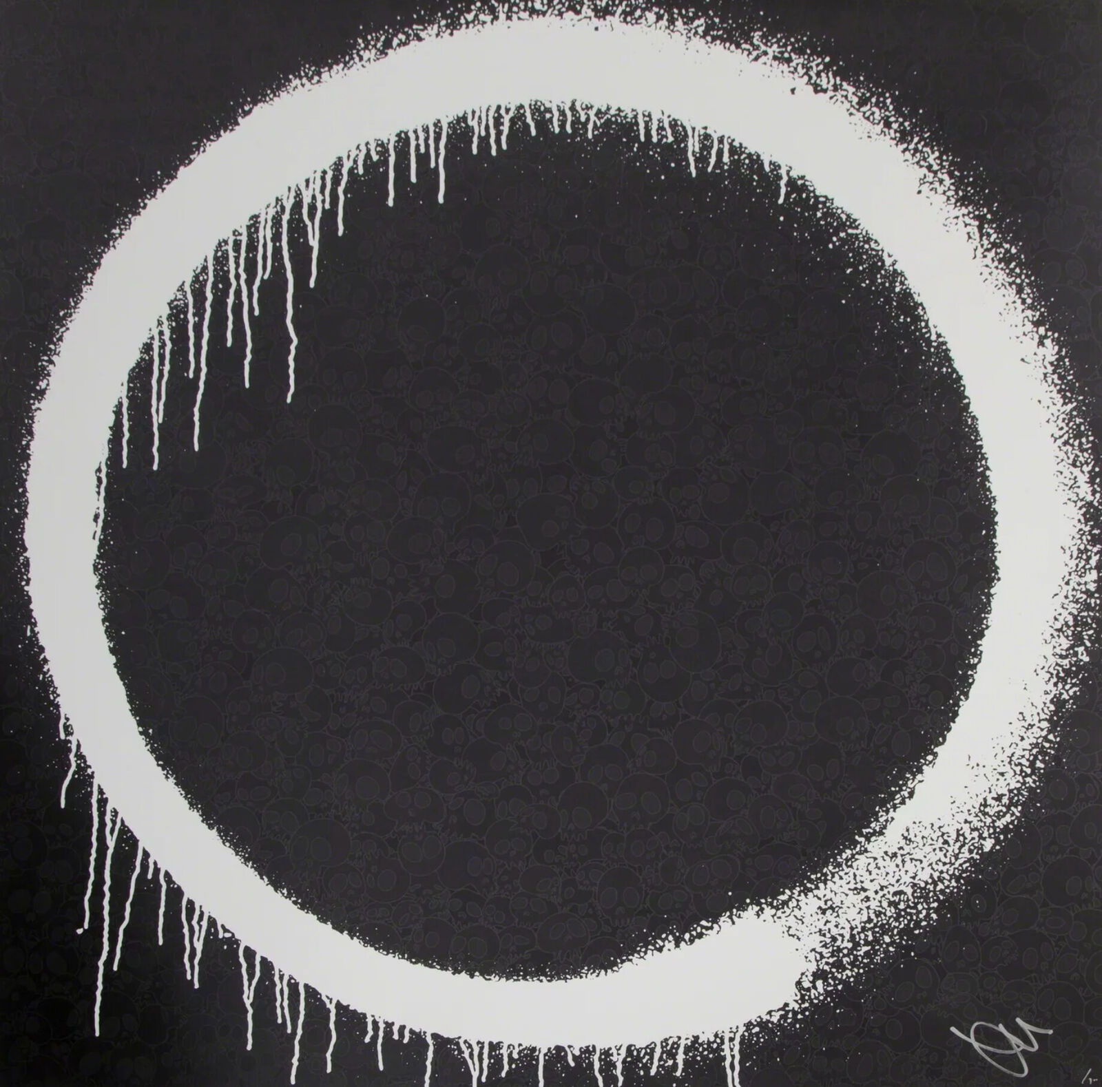 A black and white painting of a circle with icicles on it.