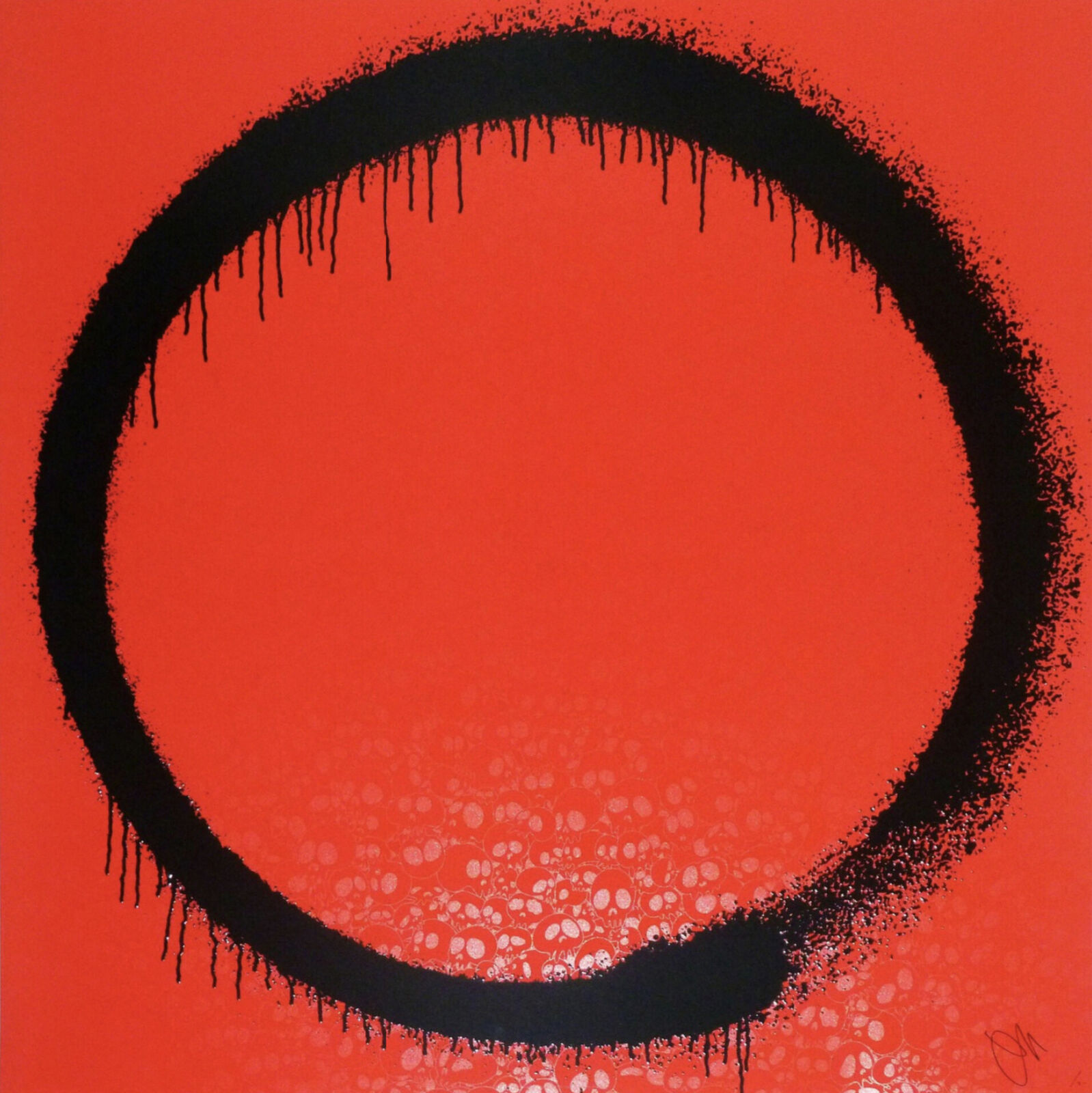 A painting of a black circle on a red background.