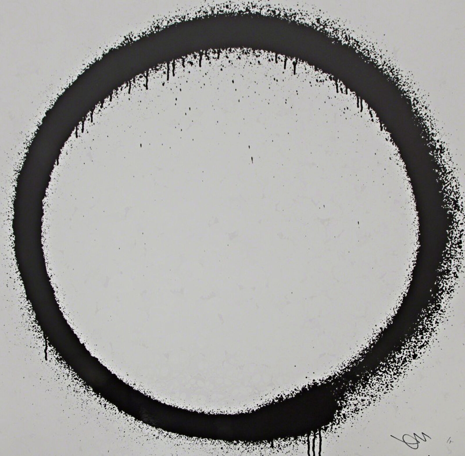 A black and white painting of a circle on a white wall.