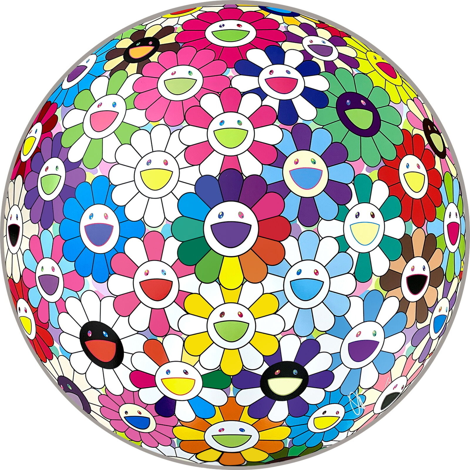 A colorful ball of flowers with smiley faces on it.