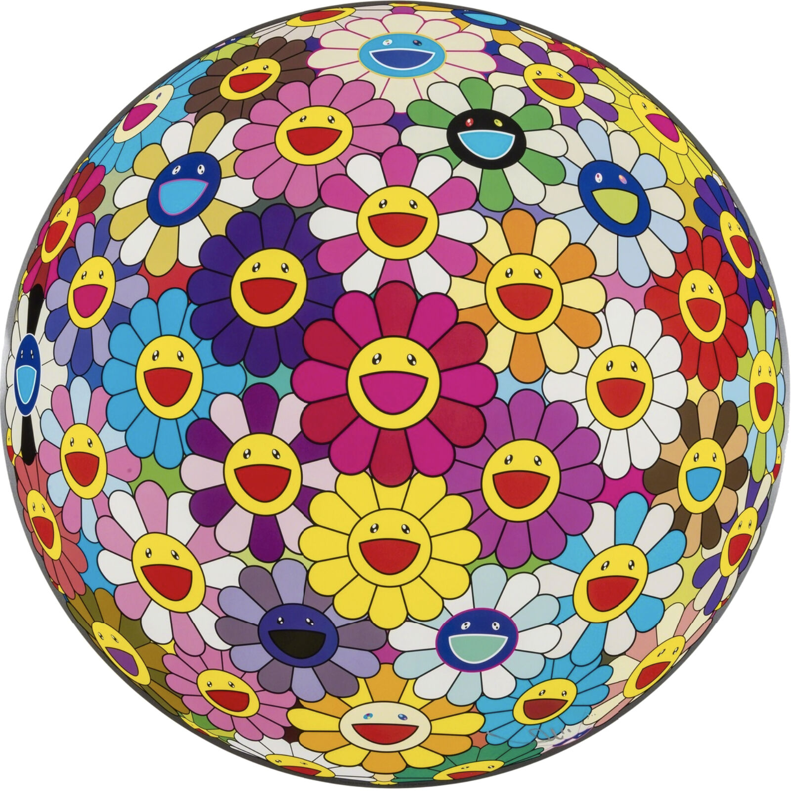 A colorful ball of flowers with smiley faces on it.