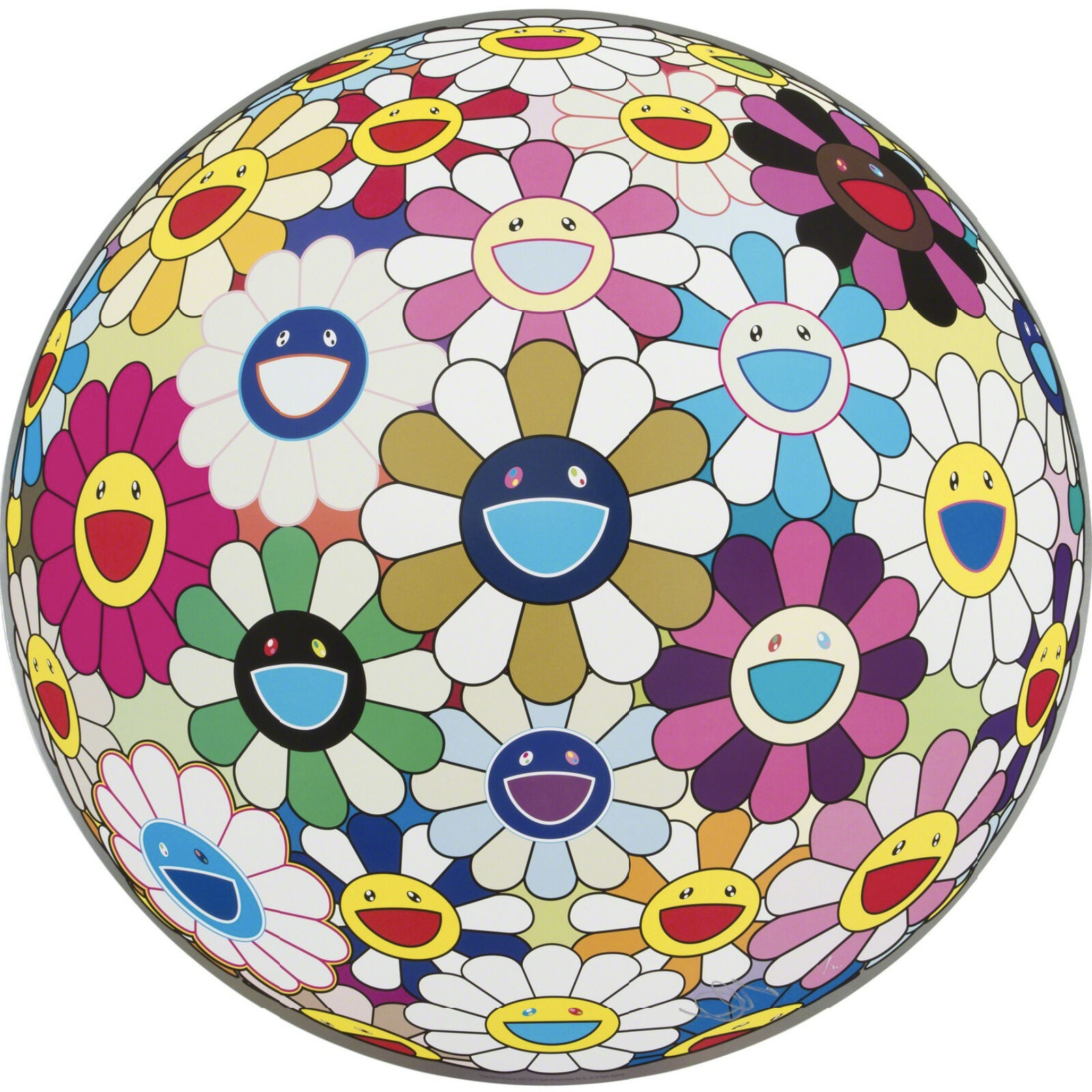 A colorful flower ball with smiley faces on it. 